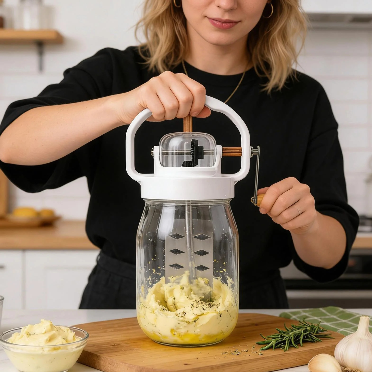 Masło masło - 1500 ml narzędzie do mieszania masła ze szklanym słoikiem i trzepaczką - w zestawie z mikserem do jajek i szklaną butelką - do pieczenia, gotowania, dżemów, sosów