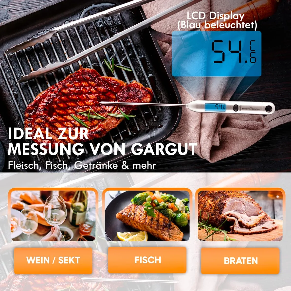 Profi Cook PC-DHT1039 - Cyfrowy termometr kuchenny - Stal nierdzewna - Zasilanie bateryjne (w zestawie) Srebrny