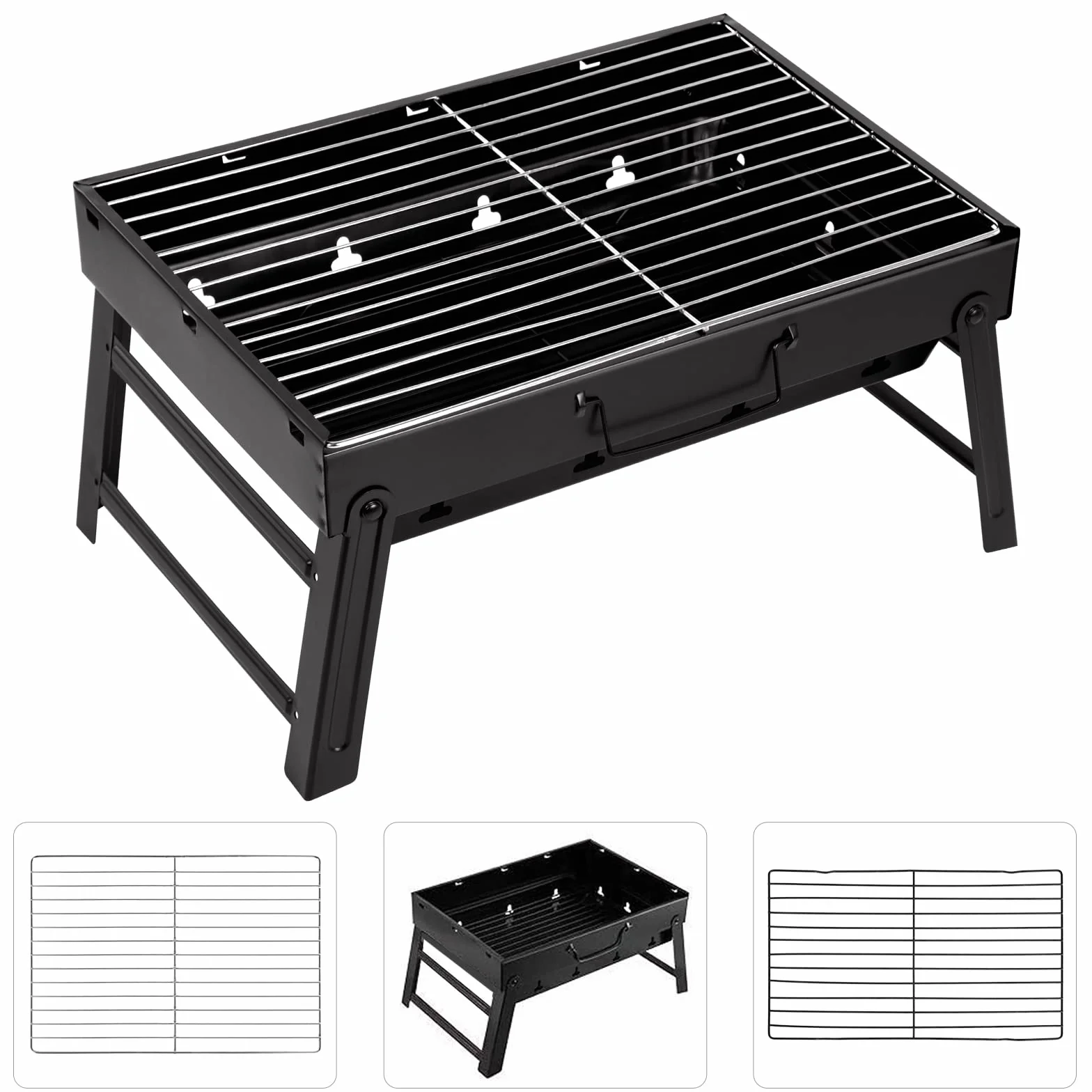 AGM Przenośny grill na węgiel drzewny dla 5-7 osób, średni składany grill na węgiel drzewny, przenośny, na piknik, podróż, taras lub kemping w ogrodzie (52 x 29 x 22 cm)