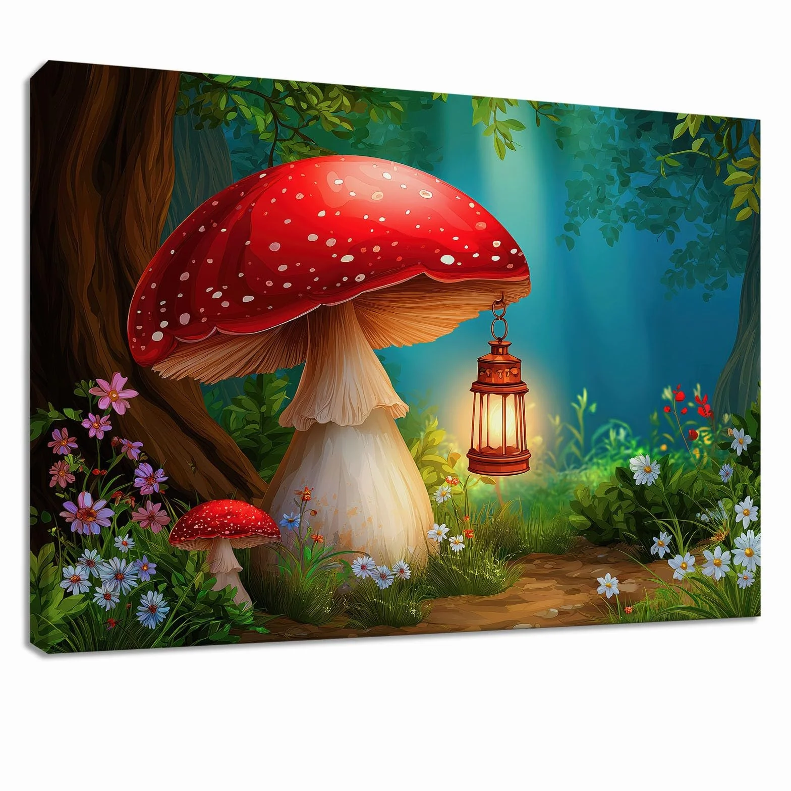 Fantasy Forest – sztuka ścienna, oprawiony obraz na płótnie, oprawiony obraz, do salonu, sypialni, przedpokoju, kuchni lub biura, dekoracja, 90 x 60 cm, zielona dżungla, grzyby, kwiaty, rośliny