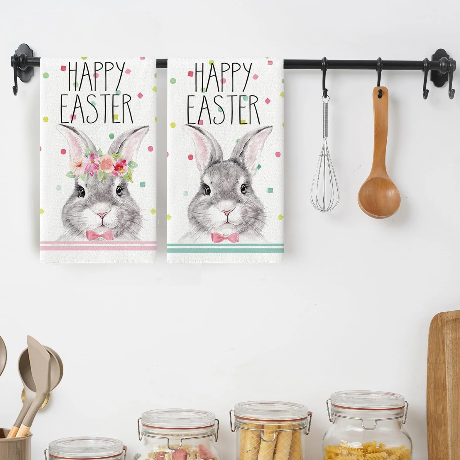 2 ściereczki do naczyń Happy Easter, Happy Easter, 43 x 66 cm, ręczniki do naczyń, bawełniane ręczniki wielkanocne, idealne jako dekoracja wielkanocna do domu/A