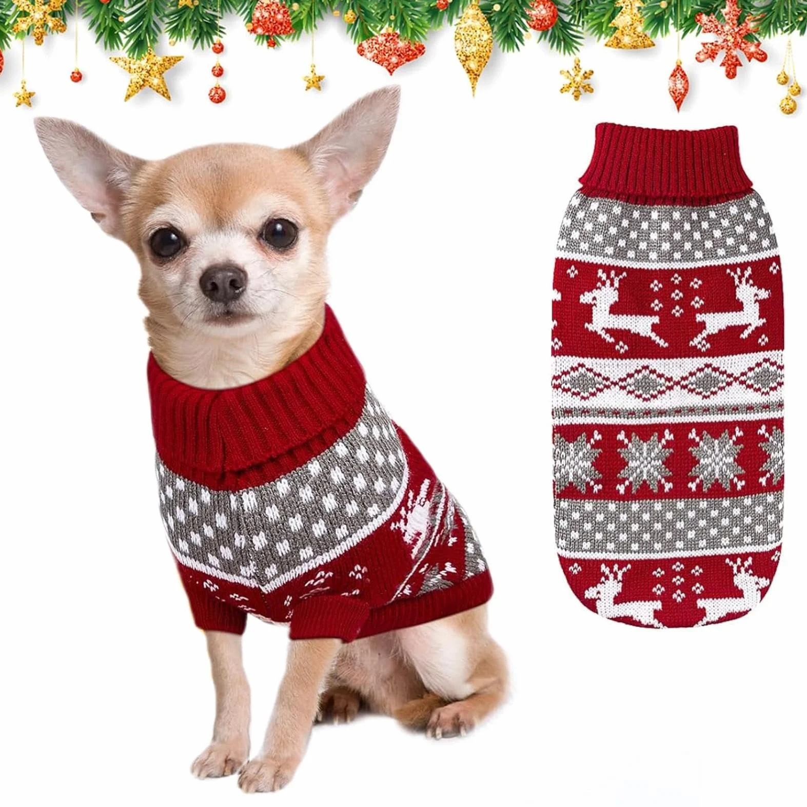 Kiiwah Sweter bożonarodzeniowy dla psa, dzianinowy sweter dla małego psa i kota, sweter dla psa, ciepły golf, ubrania dla kotów, sweter na zimę, rozmiar L
