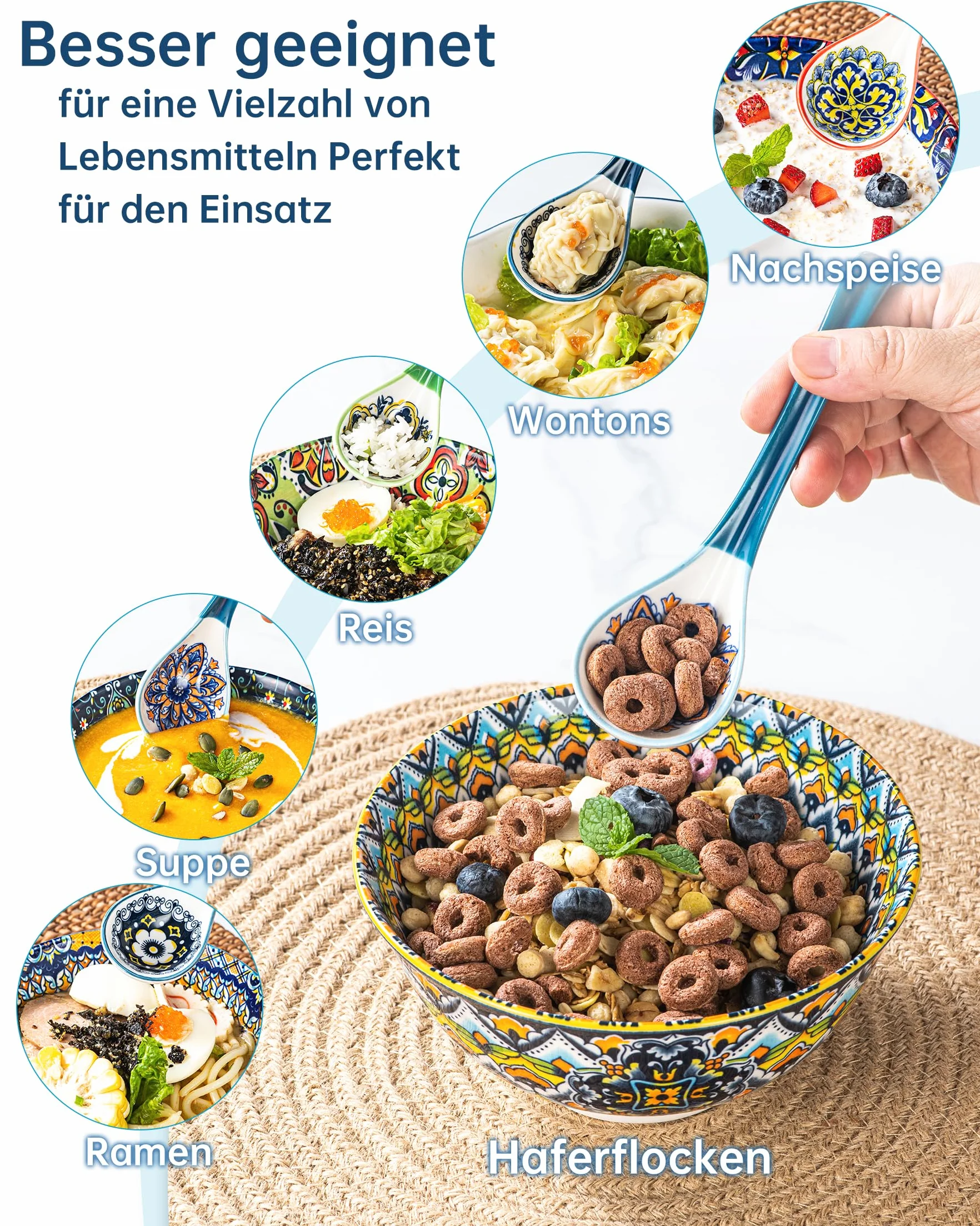 HENXFEN LEAD Porcelanowa łyżka do zupy, 15 cm, do ramenu, do zupy, pierogów, ryżu i makaronu Pho Wonton, kolorowa, 6 sztuk, styl boho