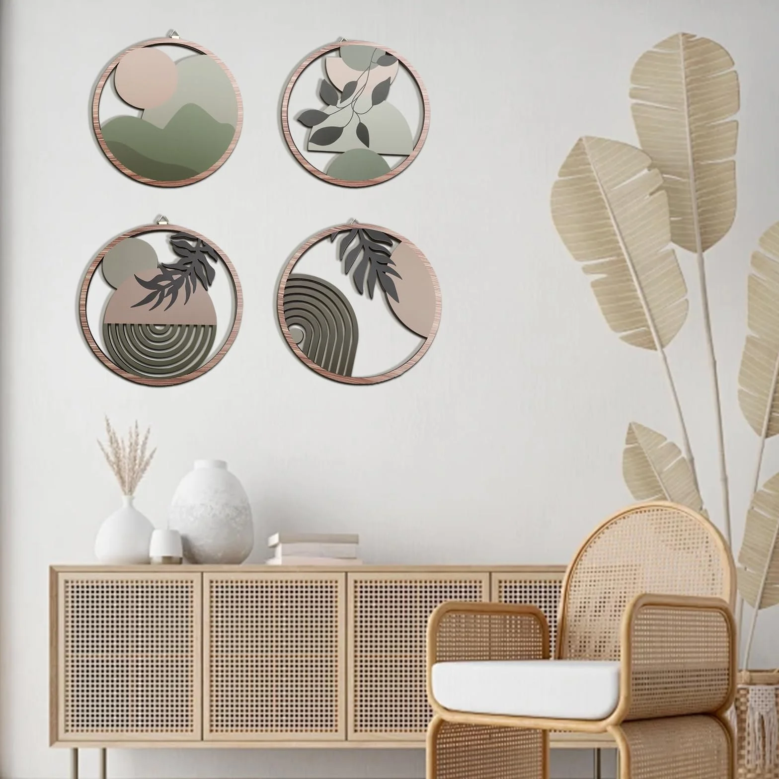 YunBey Zestaw 4 dekoracji parete w stylu boho, okrągła drewniana dekoracja botaniczna, dekoracja ścienna z nadrukiem w wysokiej rozdzielczości do salonu, sypialni, jadalni itp