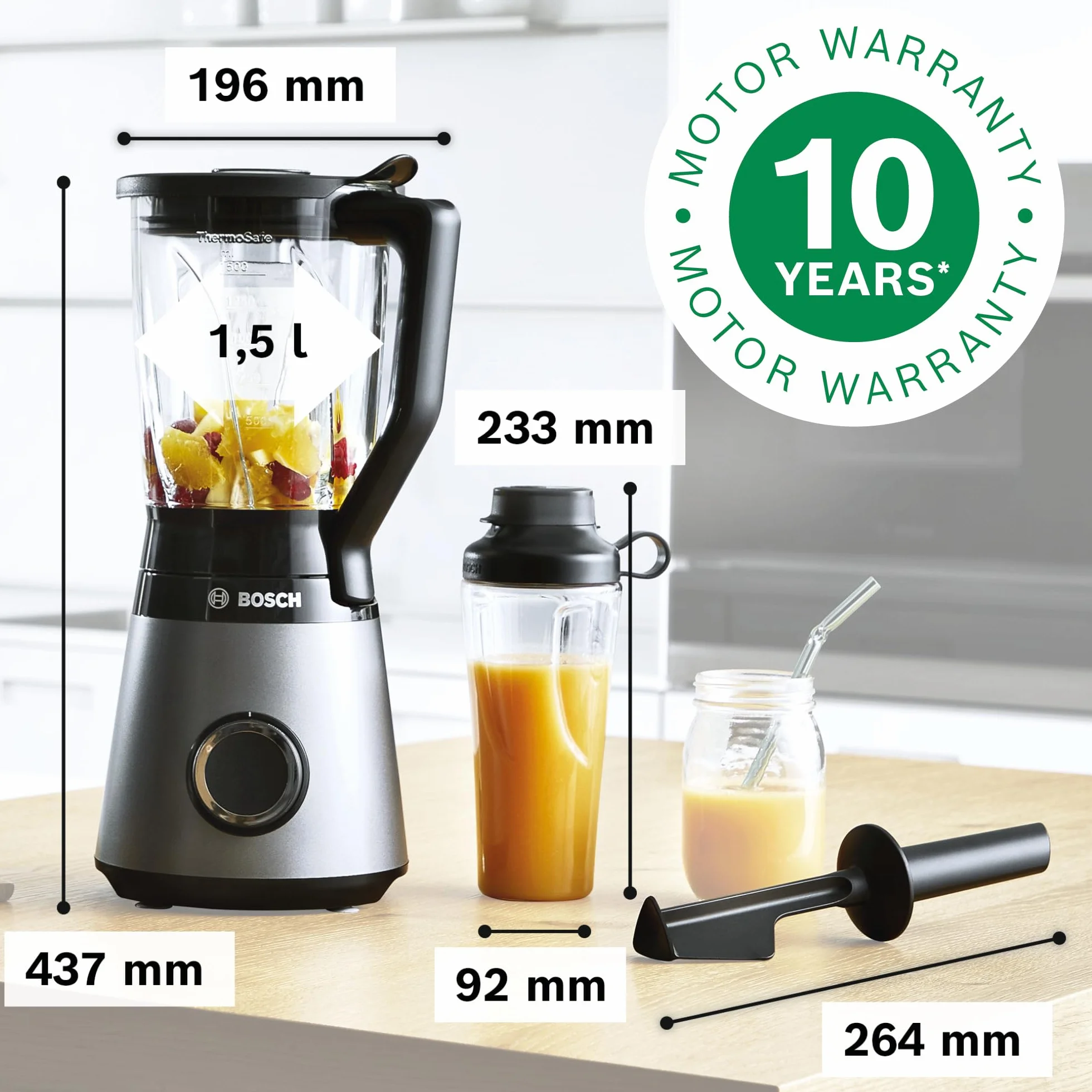Bosch VitaPower seria 4 MMB6174S, wysokiej jakości ostrza ze stali nierdzewnej, szklany pojemnik 1,5 l, butelka na wynos 0,6 l, części nadające się do mycia w zmywarce, 30 000 obr./min, 1200 W,