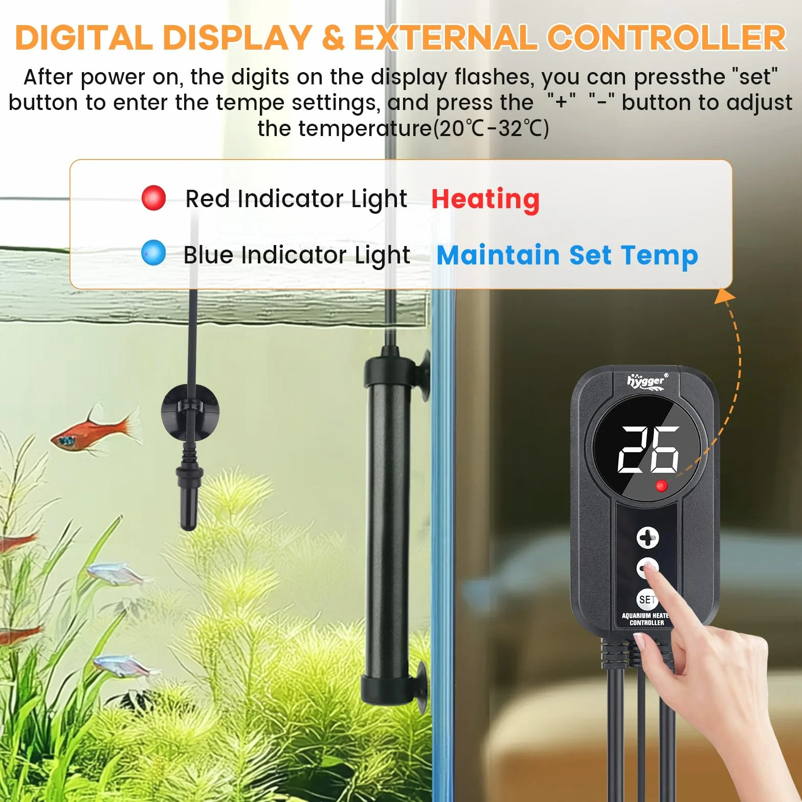 Hygger Grzałka Tytanowa 50W do Akwarium z Wyświetlaczem LED 38-57L Słodka i Słona Woda
