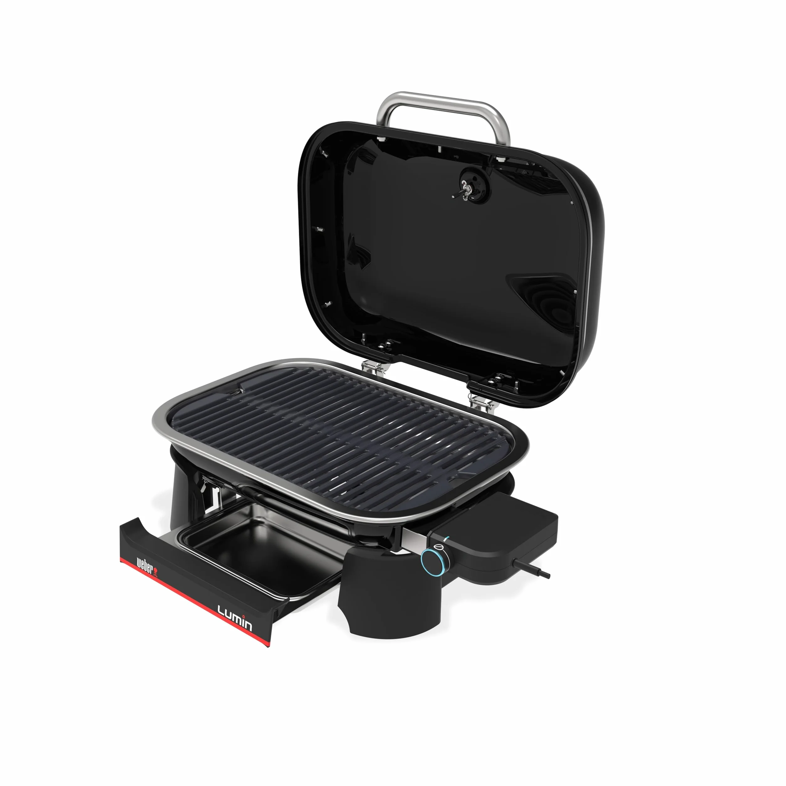 Weber Lumin Compact Przenośny Kompaktowy Grill Elektryczny, do 315 °C, z Termometrem w Pokrywie, Ruszty z Emaliowanego Żeliwa, Powierzchnia Grillowania 43 X 32 cm, Czarny (1502044)