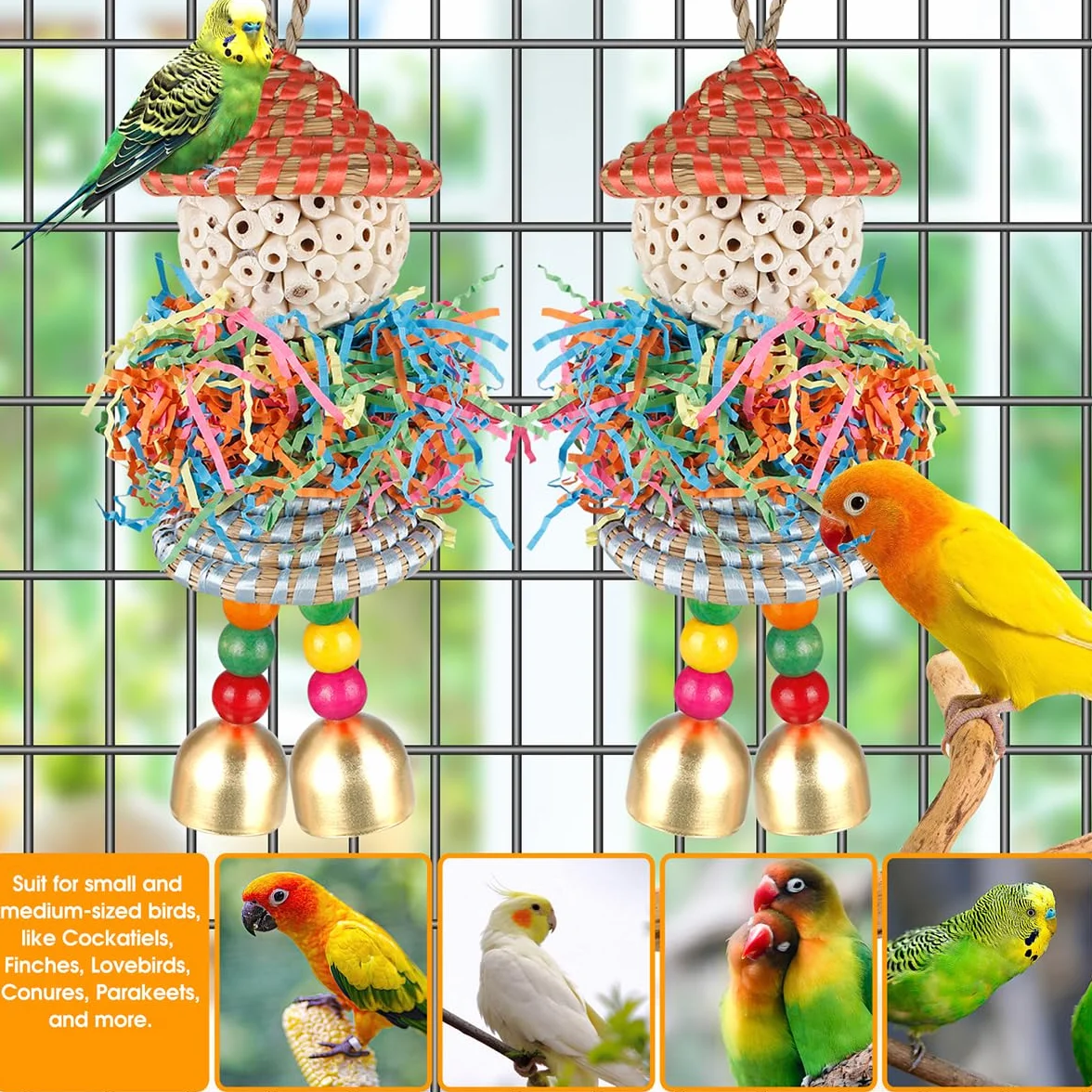 Conure Zabawki, 2 szt., zabawki dla ptaków, niszczarka do żerowania, wiszące zabawki, kulki sola z dzwonkiem, dla małych papug, papug, kakadu, konury, ptaków, budgie, klatka (duży kapelusz) (kolorowe