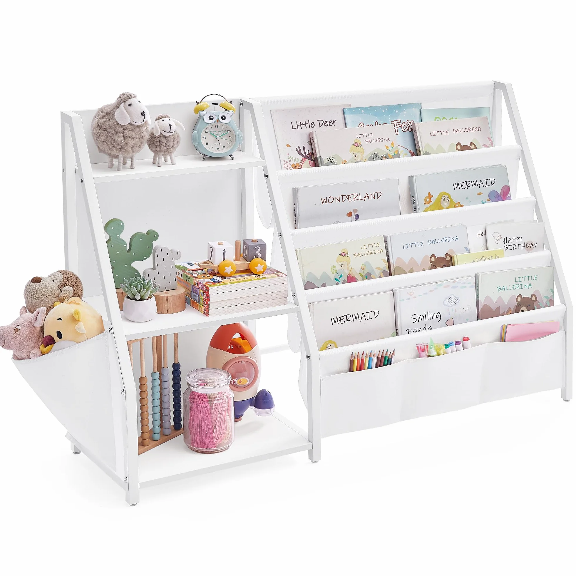 SONGMICS Regał dla dzieci, szafka do przechowywania zabawek, organizer na książki, z kieszenią boczną, wysokość 75 cm, do pokoju dziecięcego, pokoju zabaw, biały GKR024W01