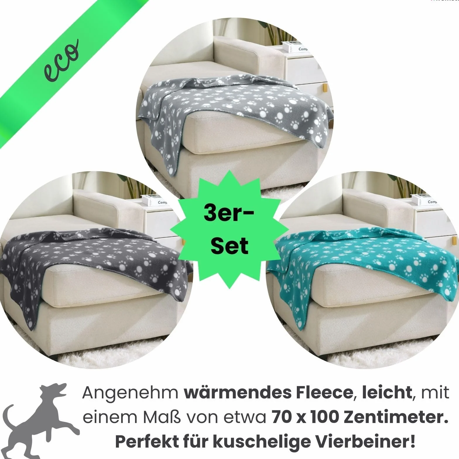 wometo eco 3-częściowy zestaw kocyków dla zwierząt, koc dla psa, wykonany w 100% z materiału pochodzącego z recyklingu + sprawdzony pod kątem Öko-Tex, 3 sztuki, 70 x 100 cm, szary, ciemnoszary i