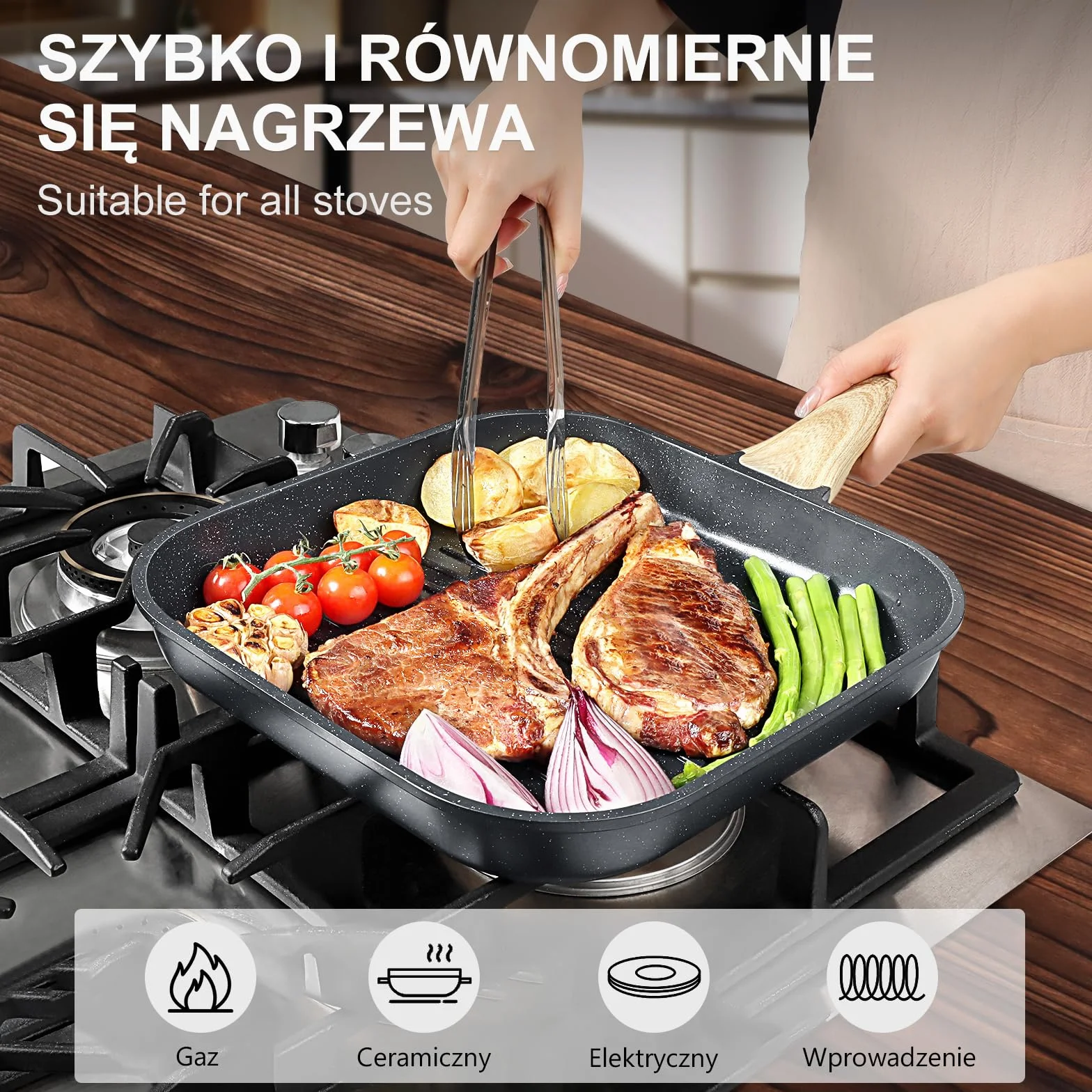 GiPP Patelnia grillowa 28 x 28 cm, patelnia do steków, patelnia grillowa indukcyjna odlew aluminiowy z powłoką zapobiegającą przywieraniu granitu, 100% bez PFOA, nadaje się do wszystkich rodzajów