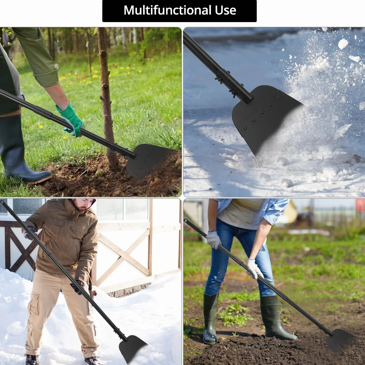 QWORK® Łopata do czyszczenia ogrodu, łopatka ogrodowa, łopata do śniegu, stal, do pielenia, krawędzi i usuwania lodu w zimie, z regulowanym uchwytem