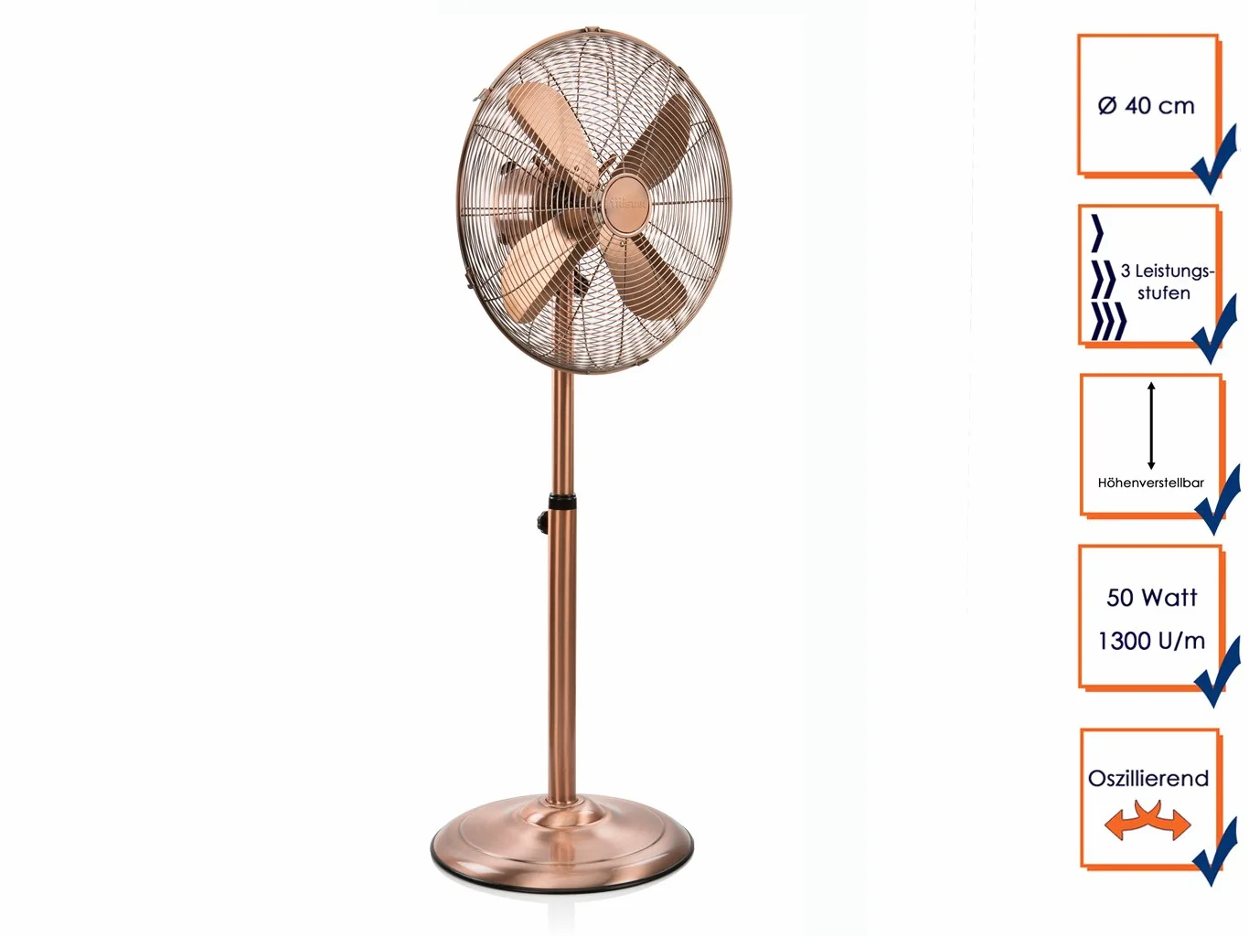Tristar VE-5971 wentylator stojący – średnica 40 cm – 3 prędkości – 50 W – regulacja wysokości – wygląd miedzi