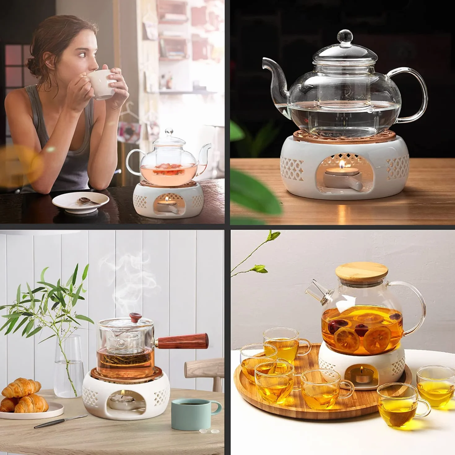 ceramiczny podgrzewacz do dzbanka do herbaty, porcelanowy uchwytny podgrzewacz do herbaty z matą do kuchenki, puste rzeźbione wzornictwo