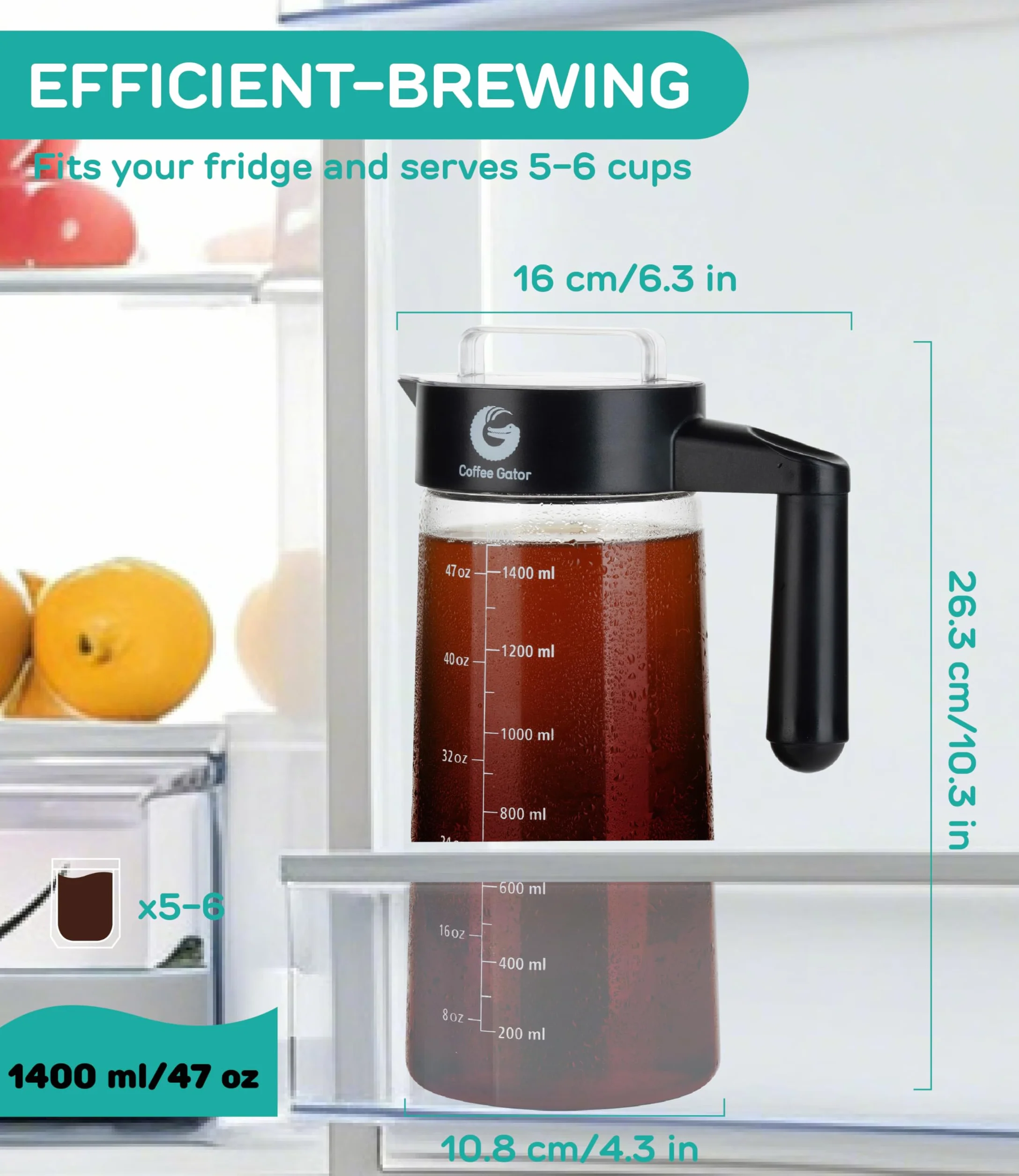 Coffee Gator Ekspres do kawy Cold Brew, filtr bez BPA i szklana karafka, zestaw do parzenia z miarką ze stali nierdzewnej i składanym lejkiem załadunkowym, czarny, 1,4 l