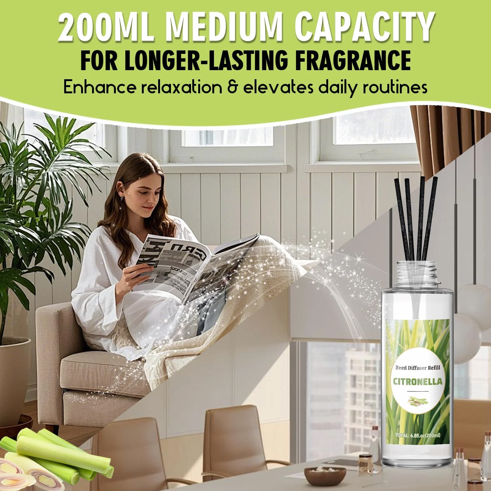 SCENTORINI Dyfuzor zapachowy do pokoju Citronela 200 ML Wymiana olejków eterycznych, odświeżacze powietrza do domu trwały zapach do domu, łazienki i wystroju pokoju