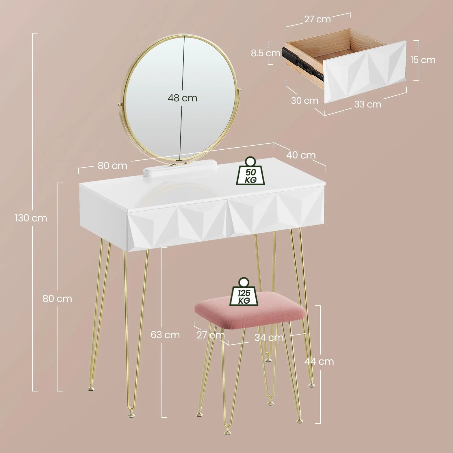 EUGAD toaletka z taboretem i lustrem, obracane o 360°, lustro do makijażu, toaletka z 2 szufladami, wyściełany aksamitny taboret, szuflada z efektem 3D, kolor biały i złoty