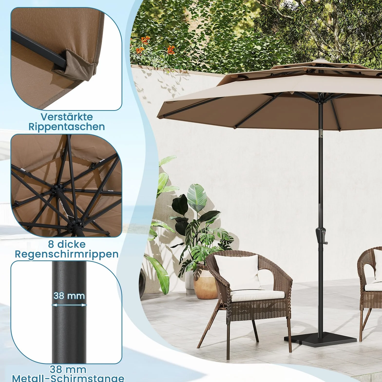 COSTWAY 3-poziomowy parasol przeciwsłoneczny, 300 cm, odporny na wiatr, stabilny, parasol tarasowy z korbą, obustronnie zginany o 30°, parasol balkonowy, wentylowany, do ogrodu, na balkon