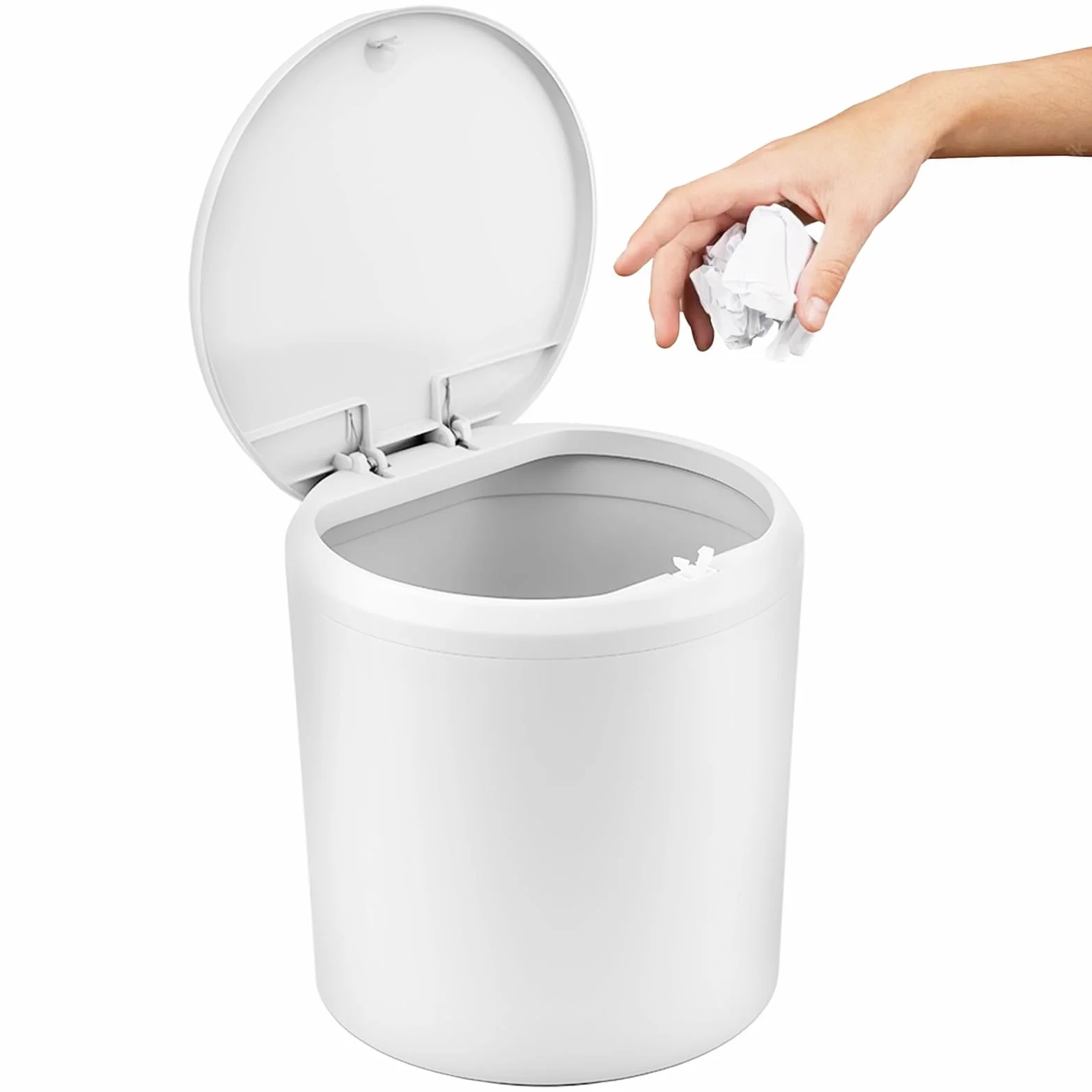 Mini stołowy kosz na śmieci z pokrywką, 4 l, do toaletki, mały pojemnik na odpady stołowe, na biurko, stolik nocny, do łazienki, kuchni, sypialni, salonu, biura (15 x 15 x 17 cm, biały)