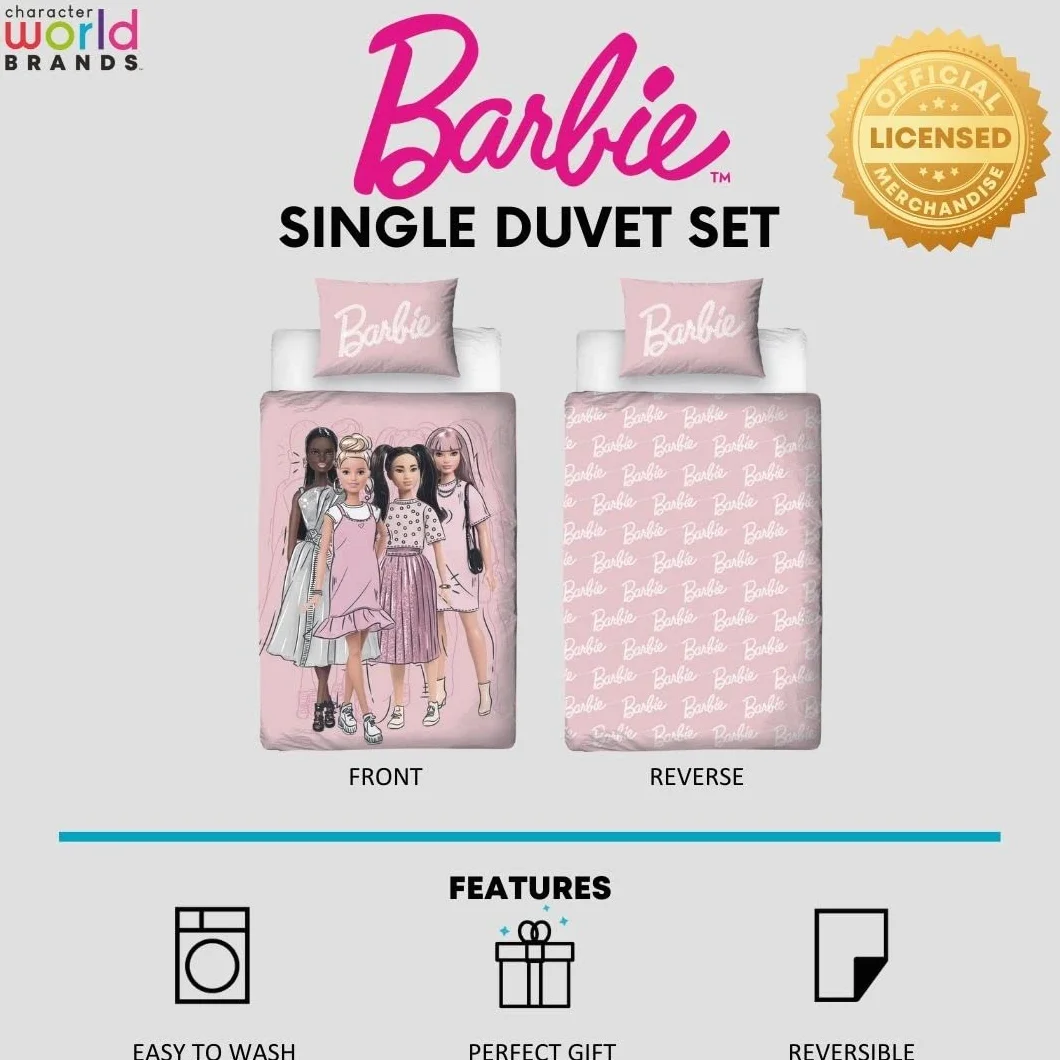 Character World Barbie oficjalny zestaw poszewek na kołdrę dla pojedynczych dzieci | wzór figurek dwustronna, 2-stronna pościel z dopasowaną poszewką na poduszkę, różowy zestaw na pojedyncze łóżko,