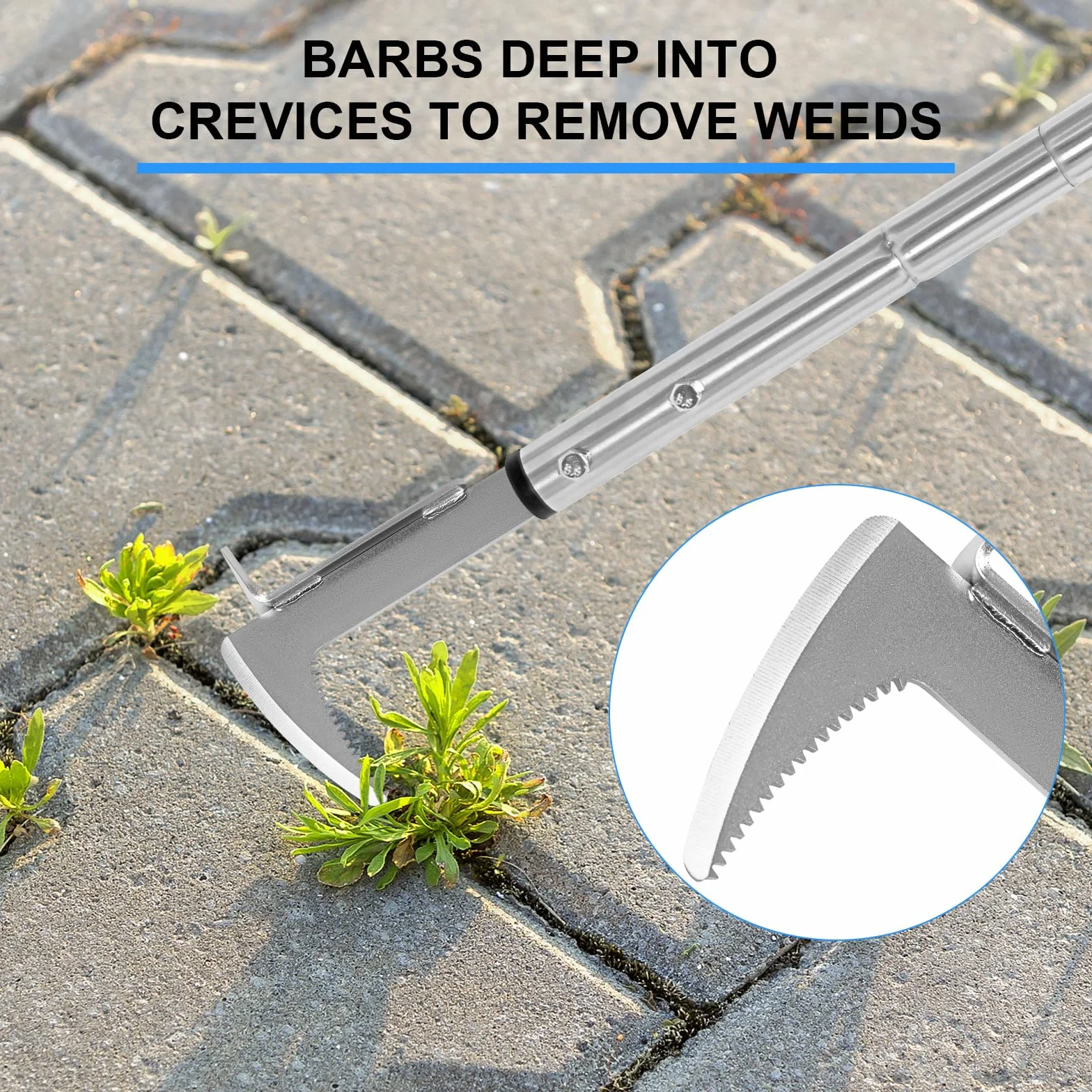 BARAYSTUS Skrobak do fug z długim uchwytem, regulowana 138-105-69 cm, z ząbkowaną krawędzią, urządzenie do usuwania chwastów do prac ogrodowych, ergonomiczne urządzenie do usuwania chwastów