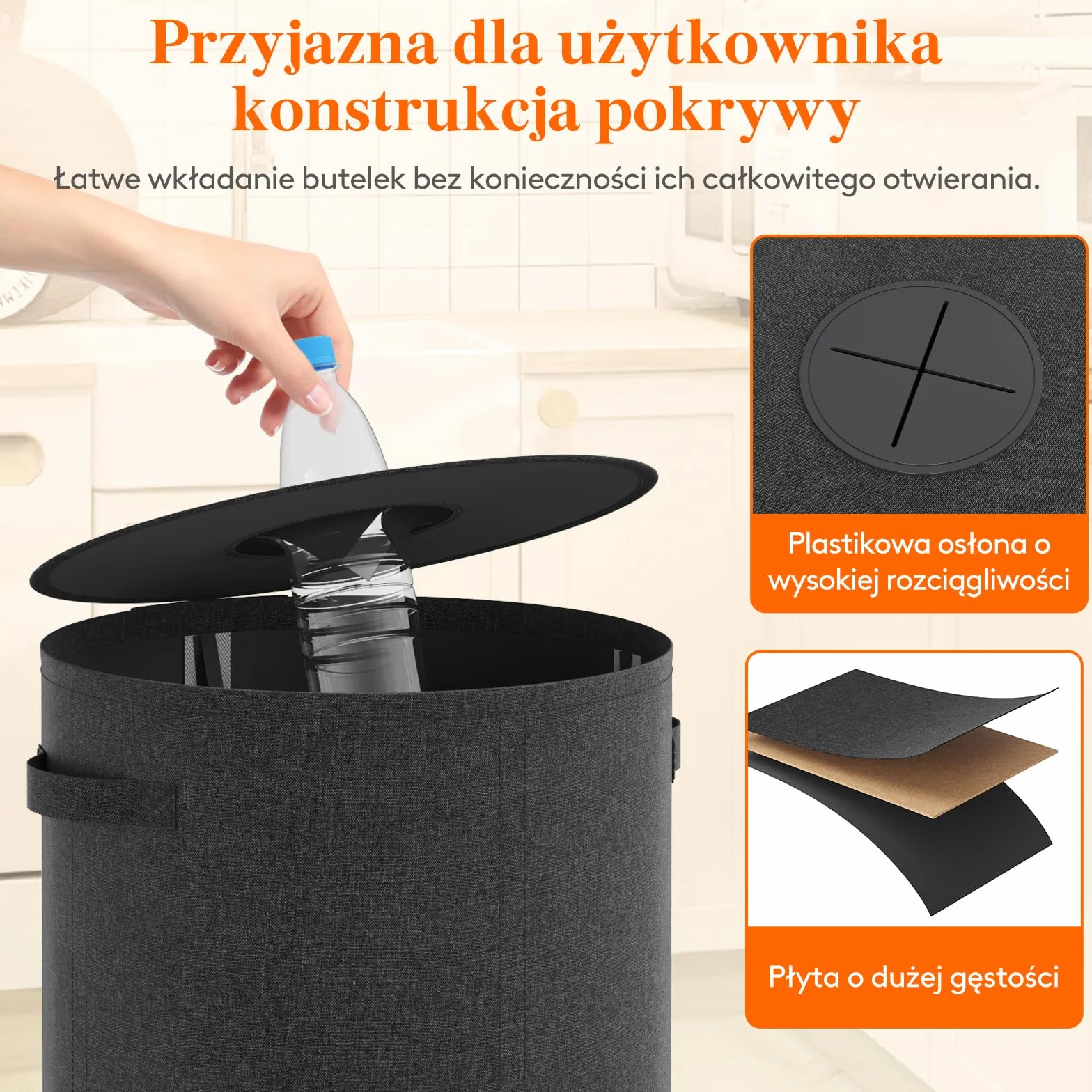 Lifewit 80L okrągły kosz na śmieci do kuchni i domu, duży 26-galonowy kosz na śmieci z pokrywką i wewnętrzną torbą wielokrotnego użytku, wysoki pojemnik na puszki, butelki, papier, plastik, czarny