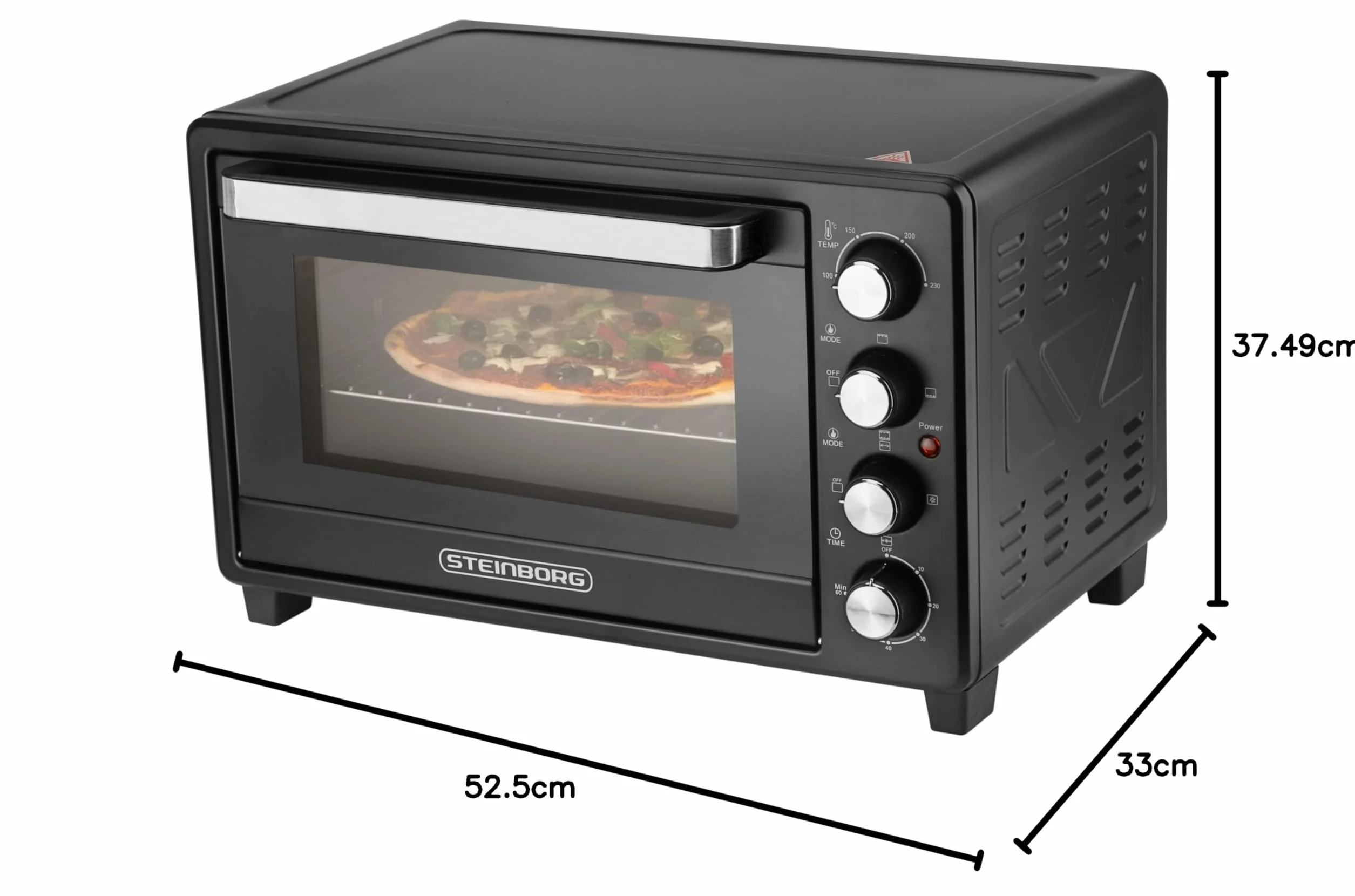 Steinborg Mini piekarnik 35 litrów z termoobiegiem i rożnem obrotowym, blacha na okruchy, grzanie górne i dolne, 1600 W, mini piekarnik z timerem, wolnostojący, bezstopniowa regulacja temperatury do