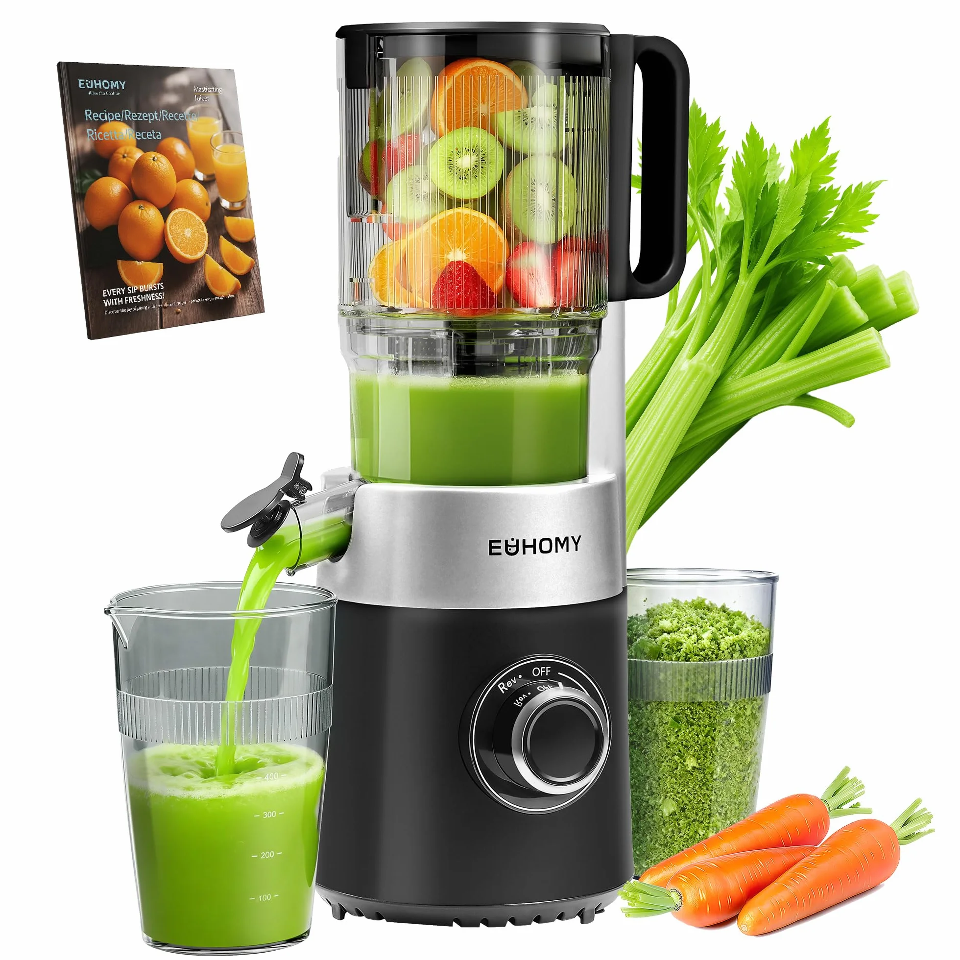 EUHOMY Sokowirówka, Slow Juicer, sokowirówka do warzyw i owoców, zwycięzca testu z otworem do napełniania 135 mm, pojemność 1,8 l, 2 filiżanki | elektryczna wyciskarka do soków, czarna srebrna