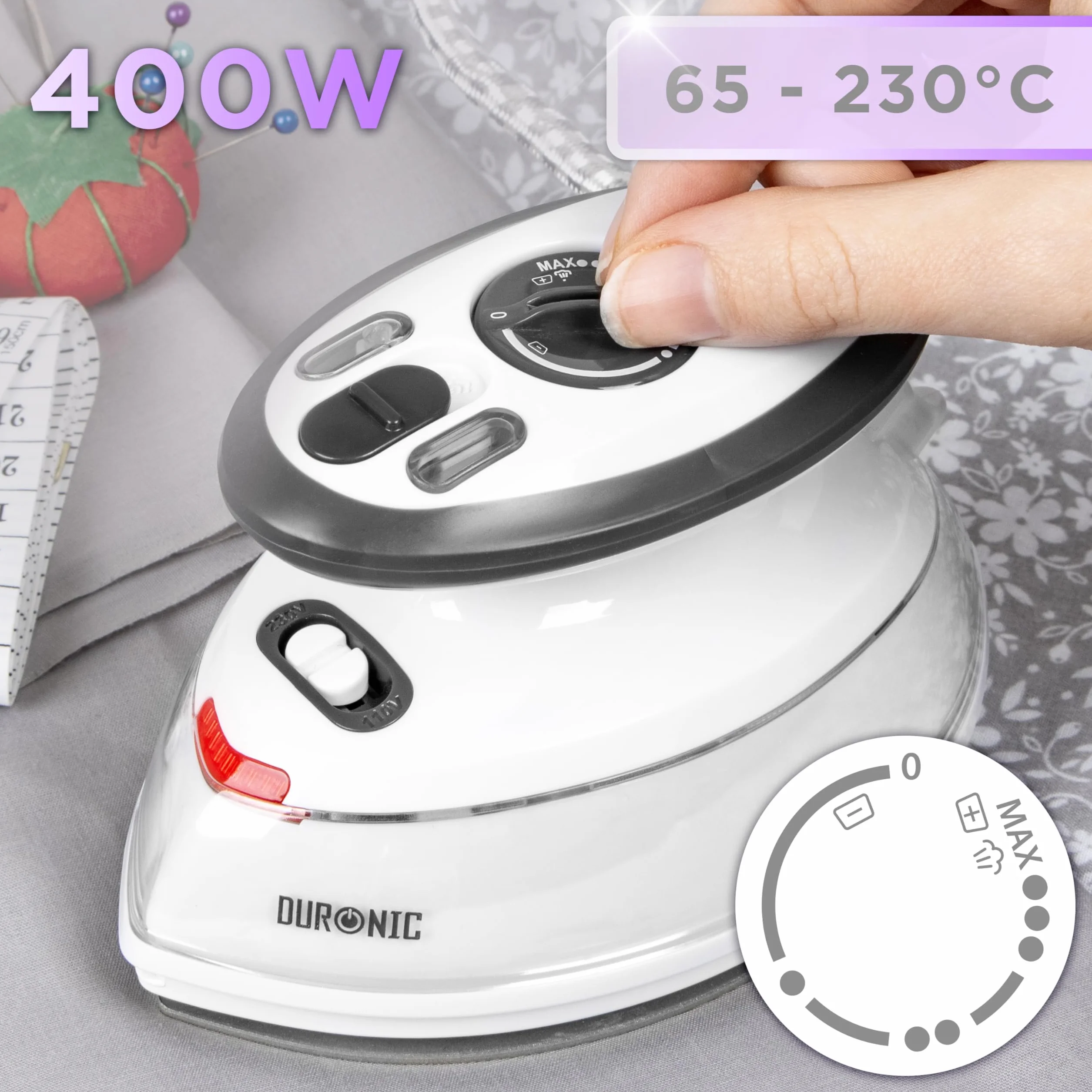 Duronic SI3 WE Żelazko podróżne 400W z pokrowcem i pojemnikiem na wodę 50ml | funkcja pary | turystyczne mini żelazko na wyjazdy | nieprzywierająca stopka | regulacja temperatury | 220V lub 110V