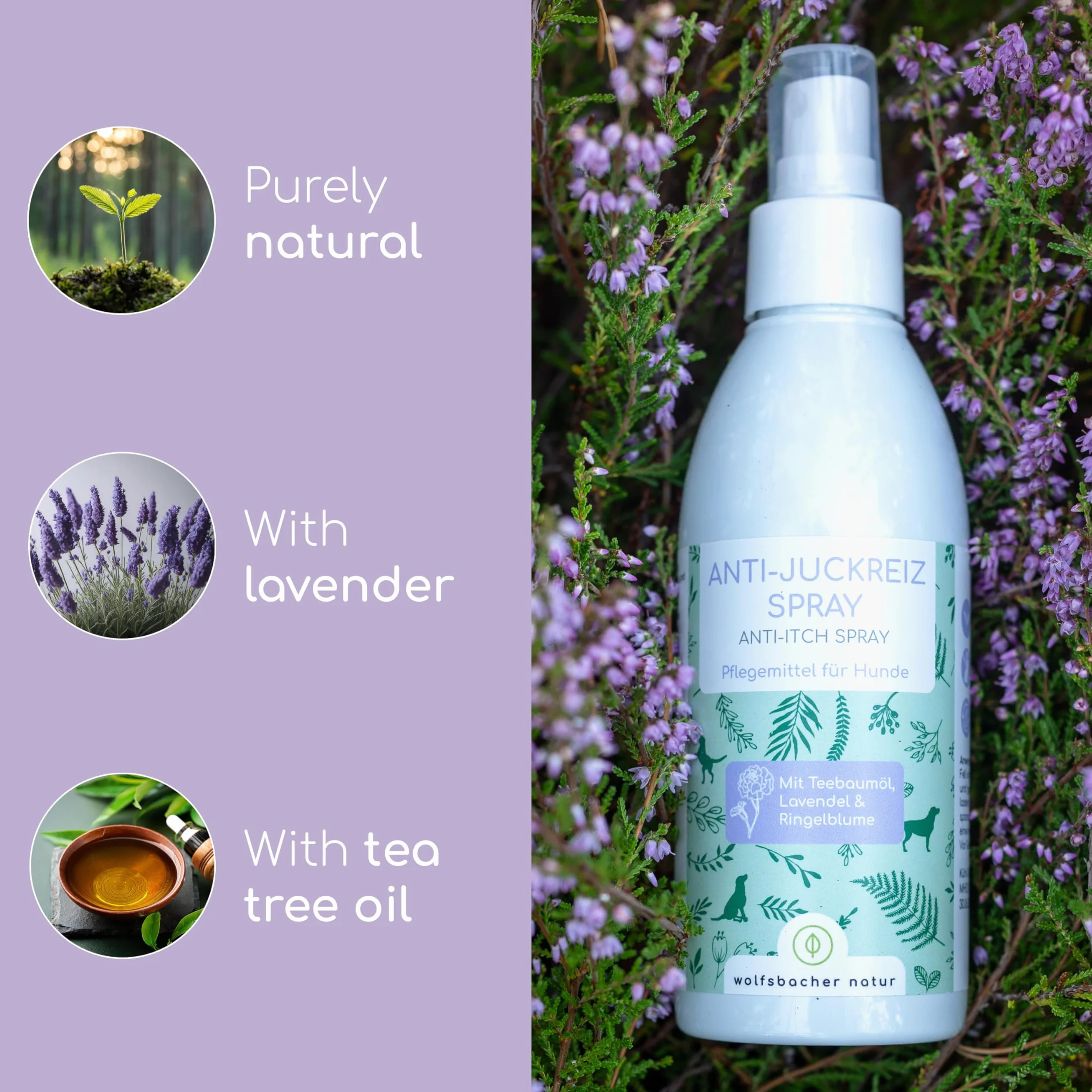 Naturalny Spray Przeciwświądowy dla Psów 200ml z Olejkiem z Drzewa Herbacianego i Lawendy – Ulga przy Swędzeniu, Roztoczach, Suchej Skórze