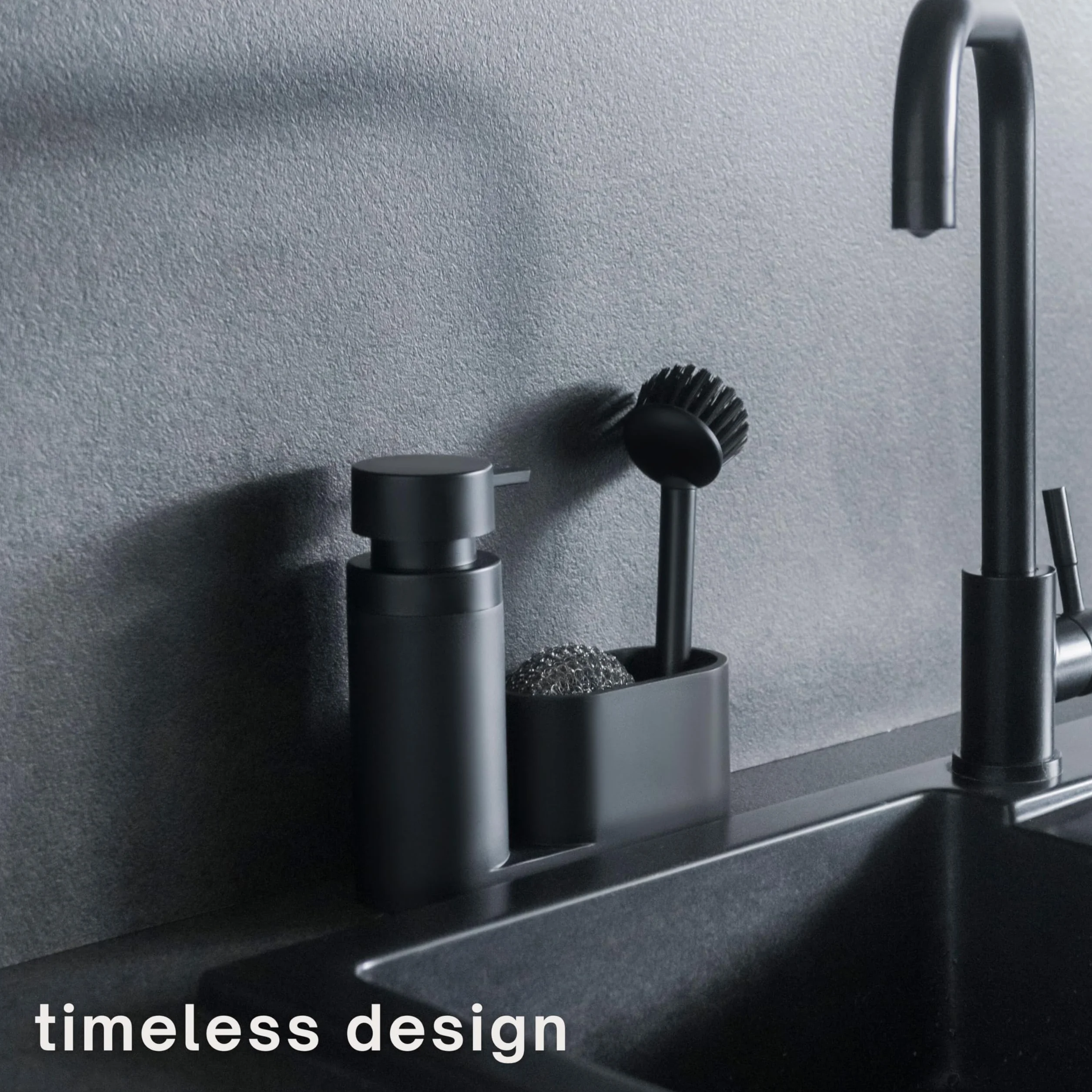 Black Sweden Home Designerski organizator do zlewozmywaka z sztucznego kamienia – czarny matowy zestaw dozownik płynu do mycia naczyń