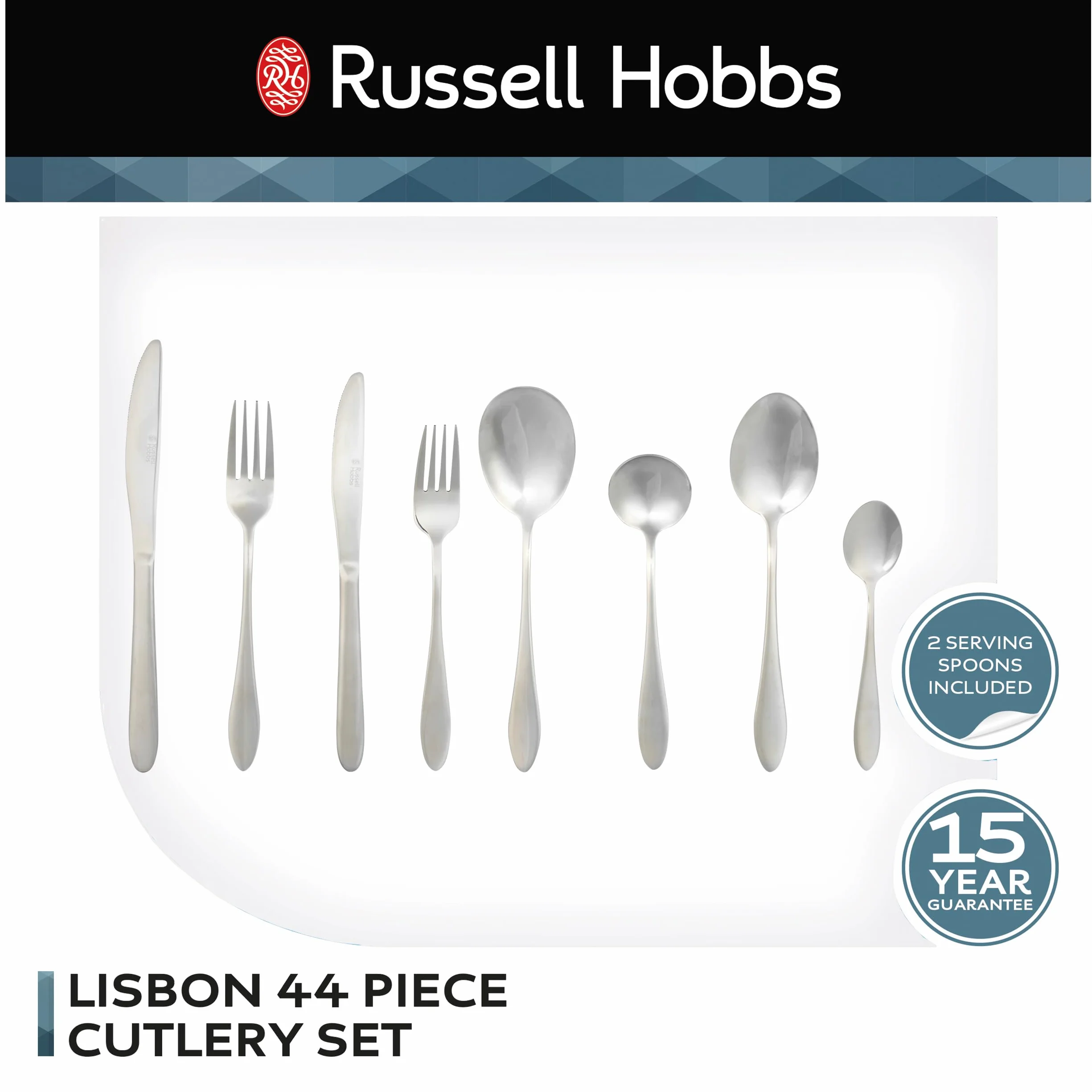 Russell Hobbs RH02851EU7 Lisbon zestaw sztućców – 44-częściowy zestaw sztućców ze stali nierdzewnej, przybory stołowe dla 8 osób, nadają się do mycia w zmywarce, widelce/nóż/łyżki i 2