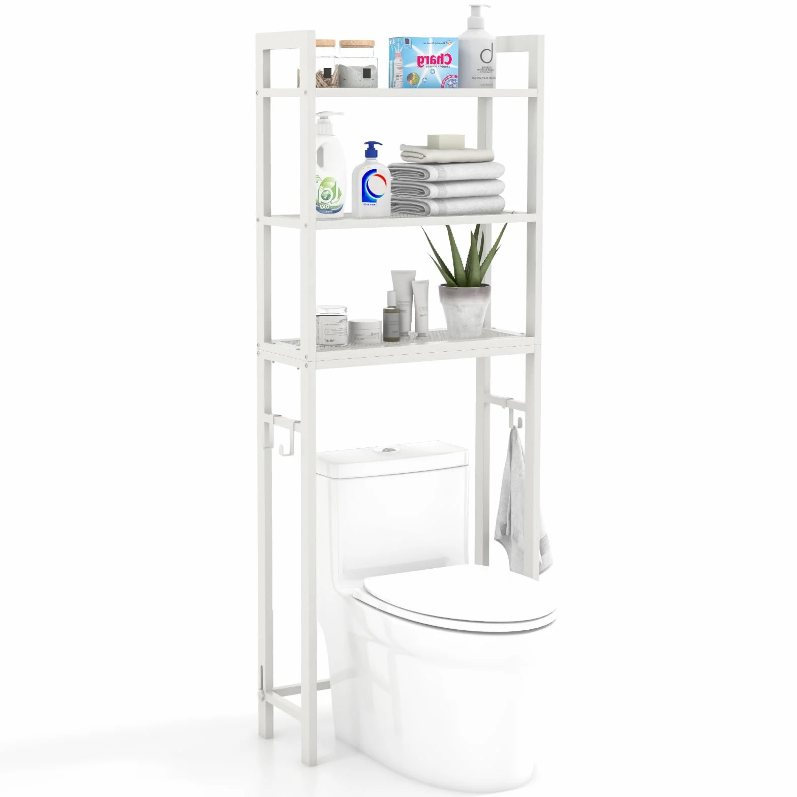 COSTWAY Regał toaletowy 170 cm, regał do WC z 3 półkami, metalowy regał do pralki, w zestawie 3 haczyki, z drążkiem poprzecznym z regulacją wysokości (biały)
