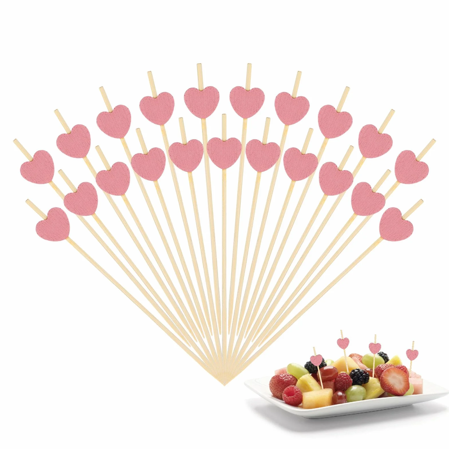 COMNICO Wykałaczki owocowe w kształcie serca, 100 szt., 11 cm, różowe, urocze mini bambusowe, drewniane szpikulce, kolorowe jedzenie, dekoracja, patyczki, koktajle, przystawki, ciasta, desery, grilla,