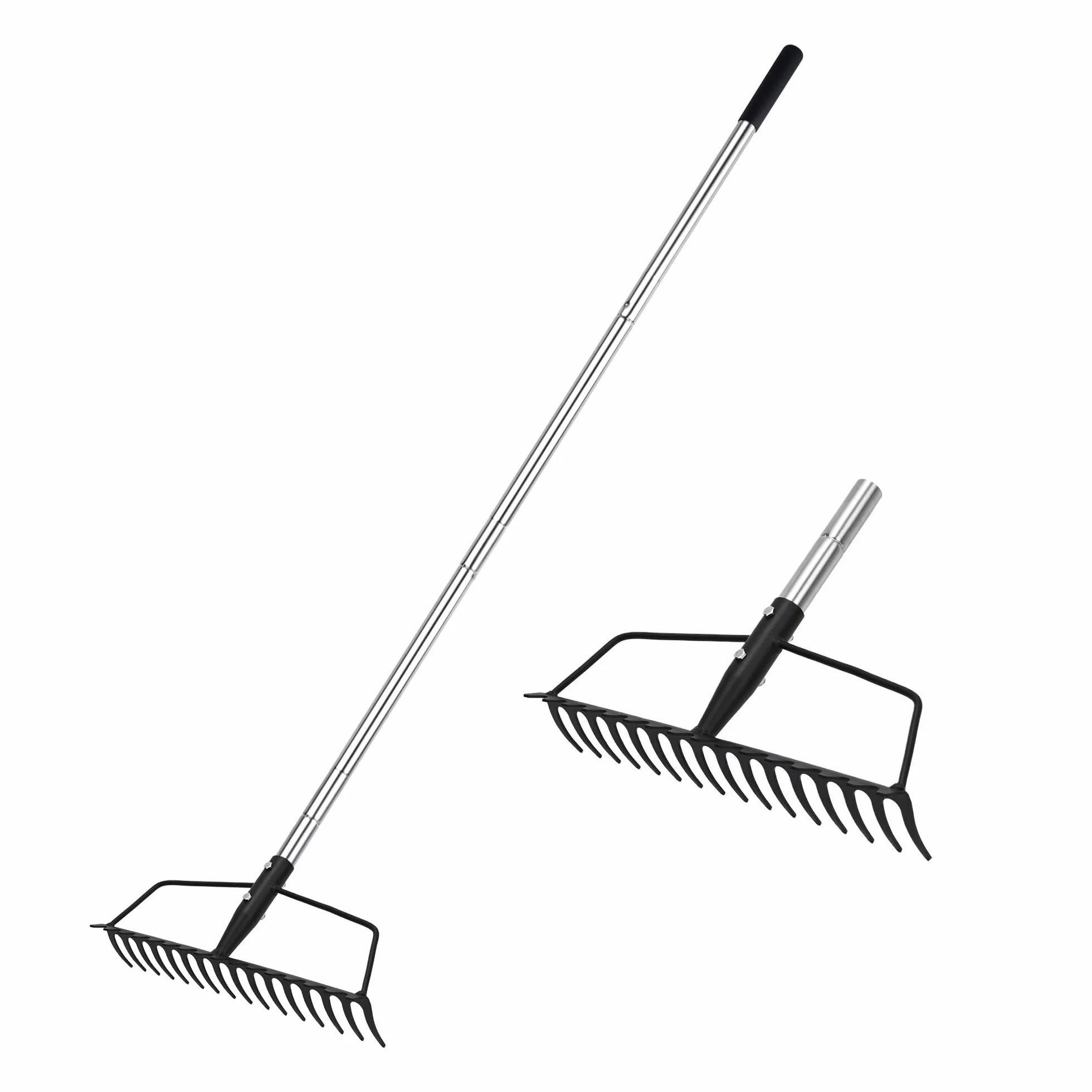 YEELOR Grabie ogrodowe, metalowe, wytrzymałe i wytrzymałe grabie metalowe, 16-zębowe grabie łukowe z regulowanym uchwytem ze stali nierdzewnej, długi trzonek do spulchniania gleby, poziomowania