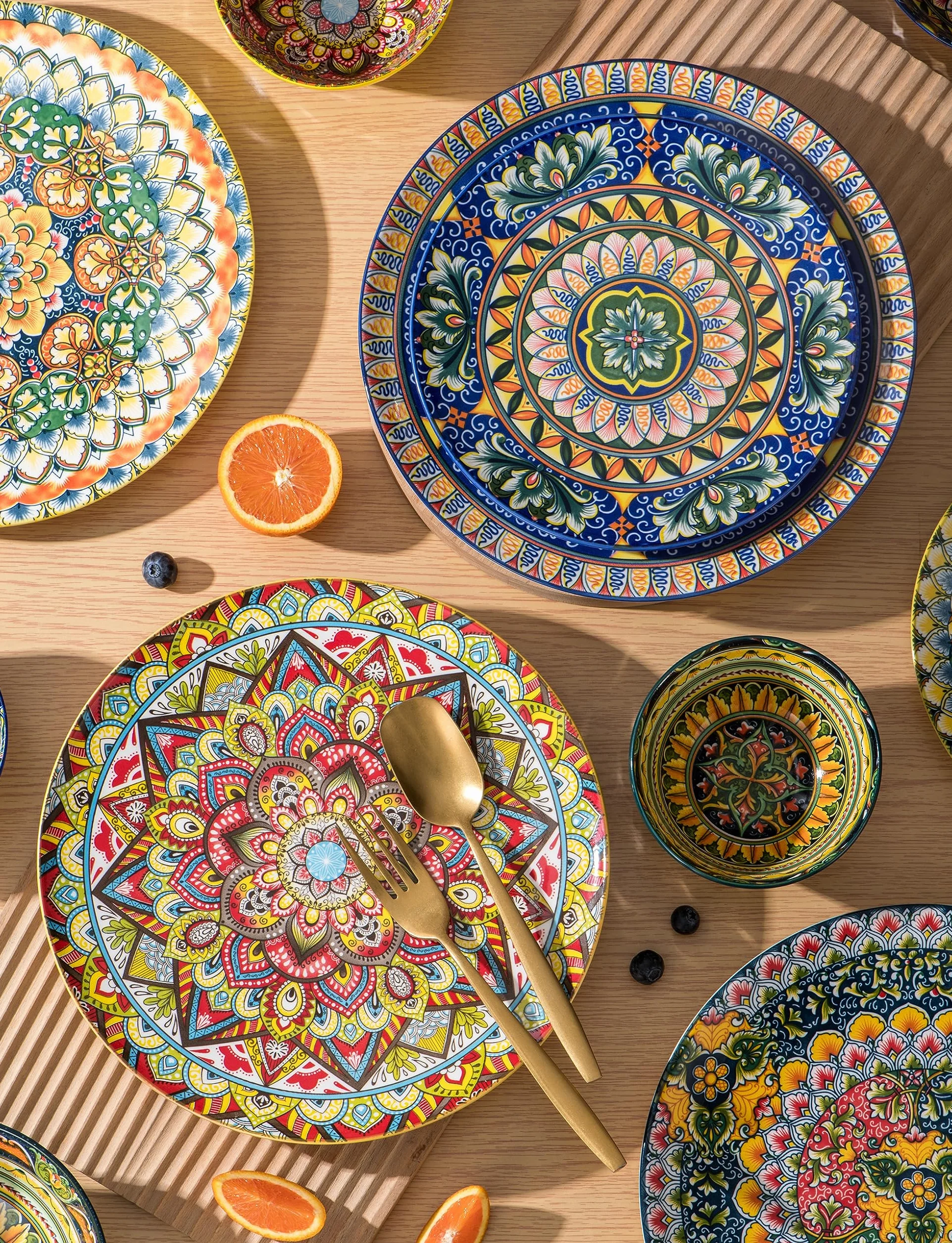Henten Home Zestaw talerzy – 25 cm, porcelanowe duże okrągłe talerze do jadalni, zestaw 6 sztuk, okrągły talerz na śniadanie/deser ze wzorem, styl boho