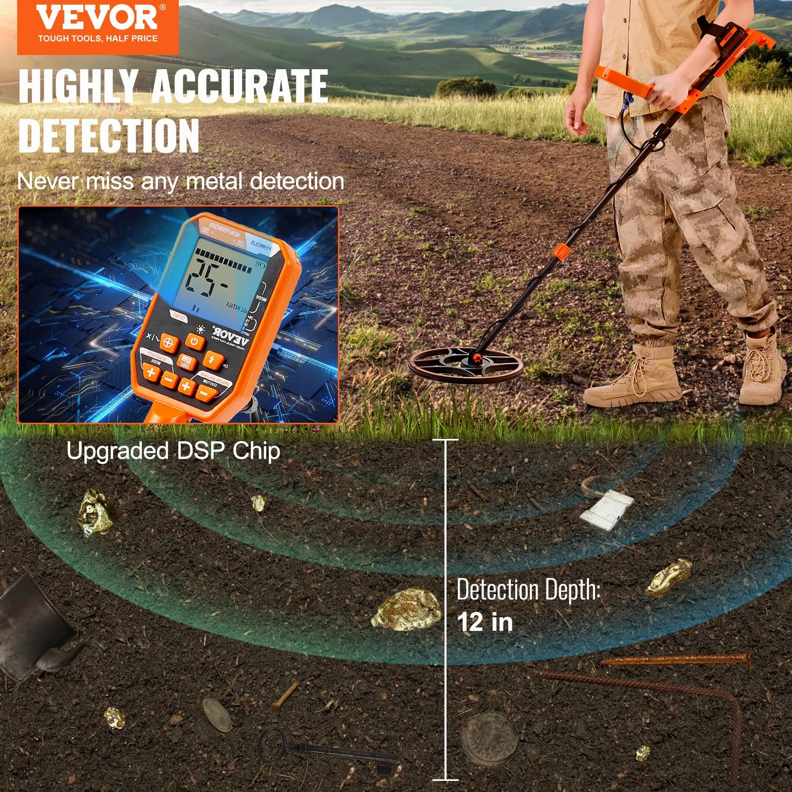 VEVOR Wykrywacz metali Cewka wyszukiwania 30,5 cm akumulator 99-127 cm wodoodporny ekran LCD IP68 7 trybów chip DSP słuchawki Bluetooth do poszukiwania złota poszukiwanie skarbów czarny/pomarańczowy