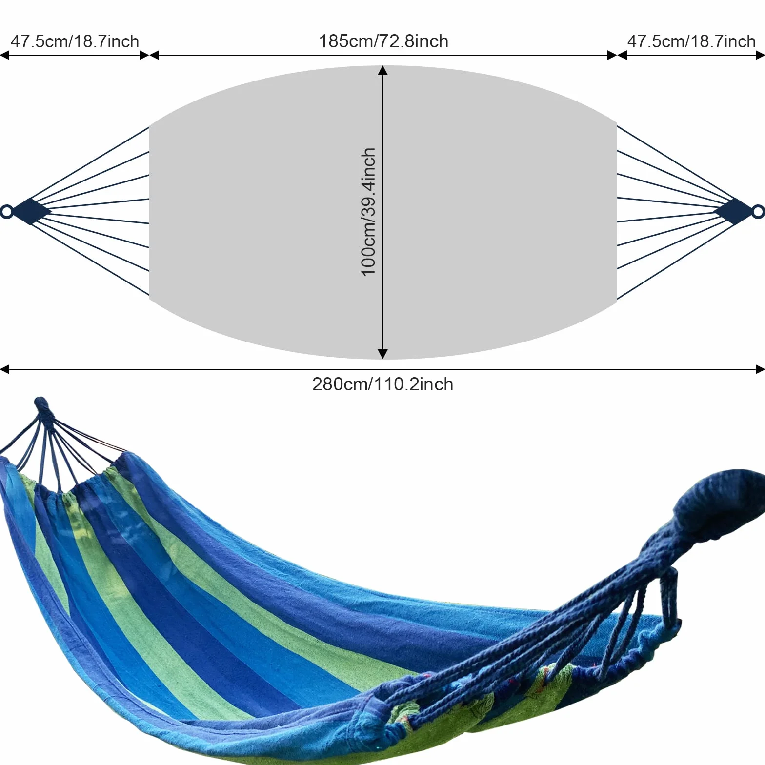 Firschoie Hamak z płótna 280 x 100 cm, długość całkowita 280 cm, obciążenie 300 kg, wygodny podróżny hamak zewnętrzny w niebiesko-zielone paski, na zewnątrz, kemping, balkon, do ogrodu, na plażę