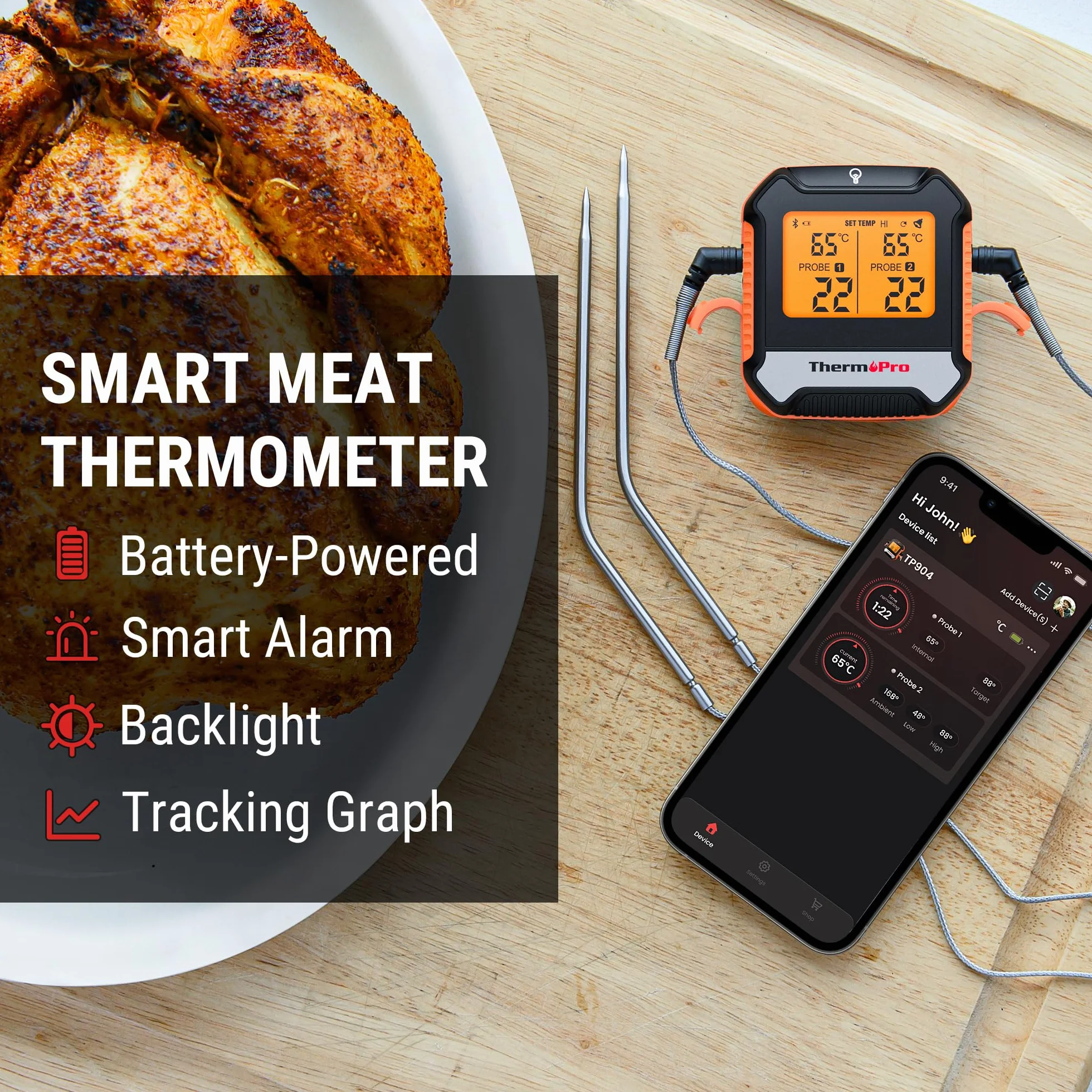 ThermoPro TempPro Termometr do mięsa Bluetooth 135m z 2 sondami, cyfrowy termometr grillowy z aplikacją, alarmem, precyzyjny do grilla, wędzarni, piekarnika, steków