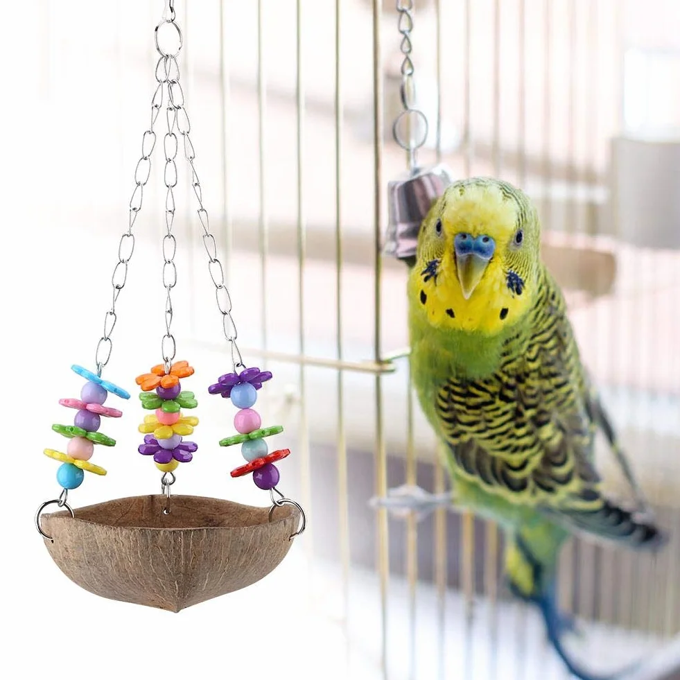 Huśtawka z Drutu Gniazdo z Łupin Orzecha Kokosowego dla Papug Ara Amazonka Nimfa Lovebird