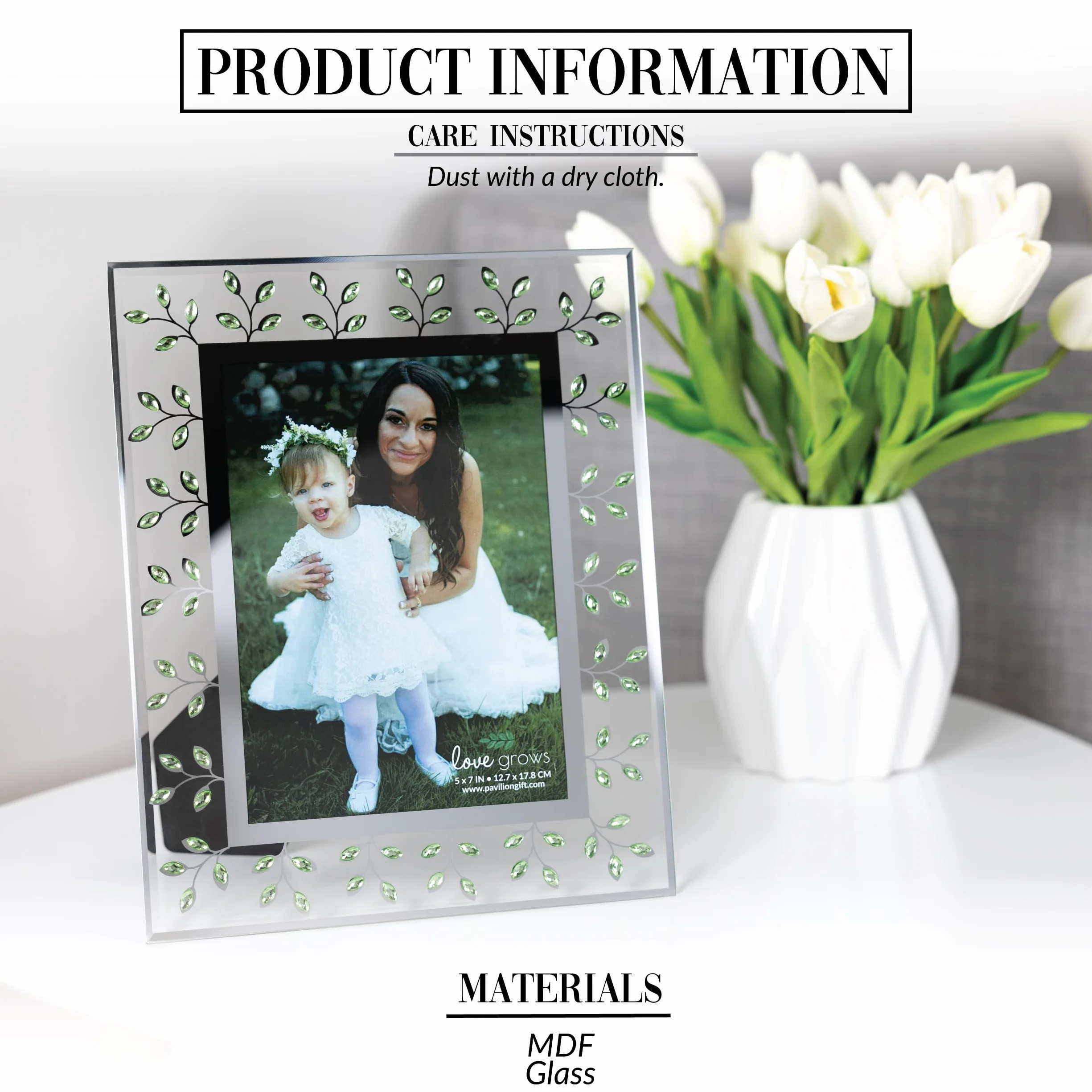 Pavilion Gift Company Ramka na zdjęcia z zielonymi klejnotami i szkłem lustrzanym - ramka na zdjęcia ślubne dla dziewczynki z kwiatami, rodzinna ramka na zdjęcia (pomieści zdjęcie 12,7 cm x 18 cm),