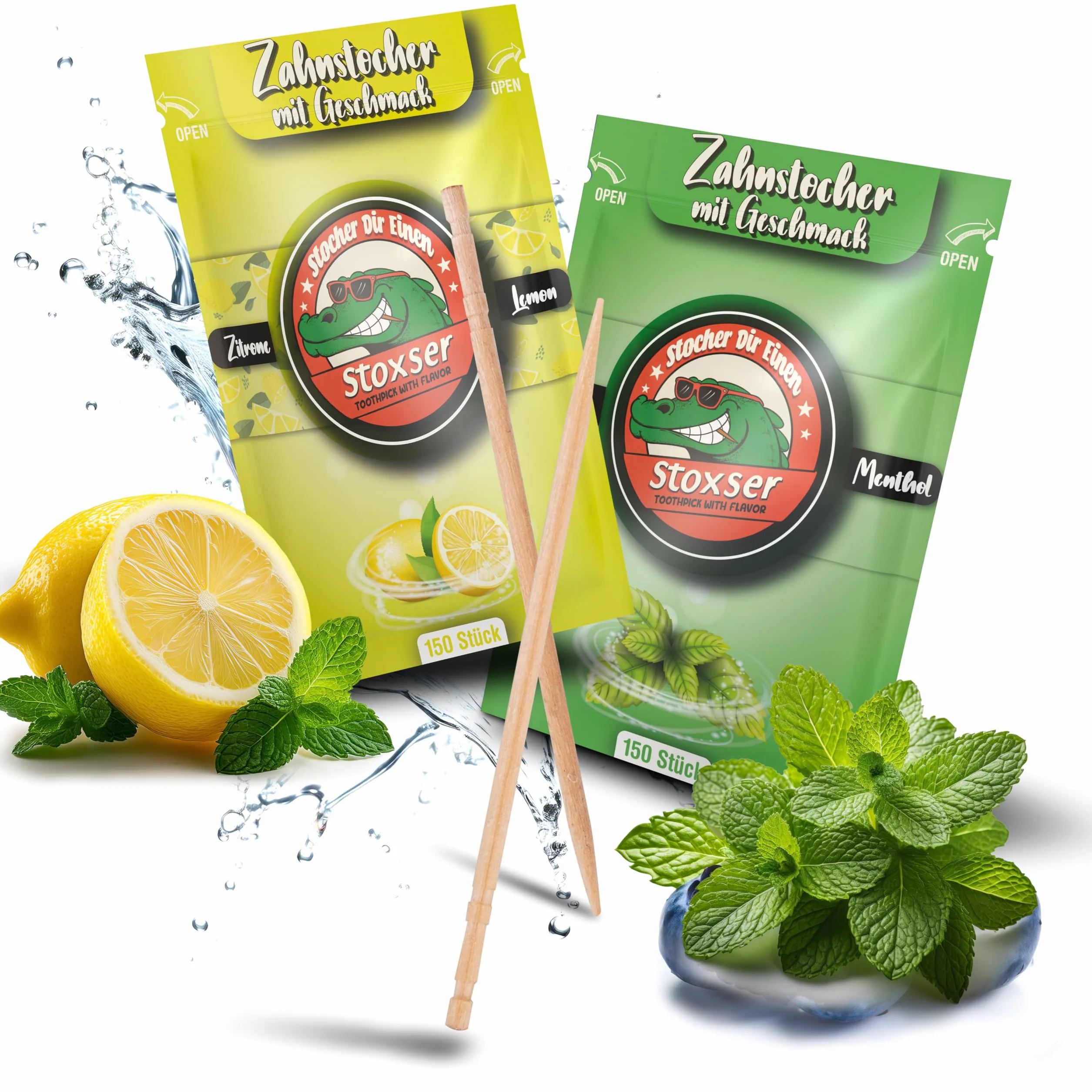 Stoxser 300 x wykałaczka o smaku, 2 szt. cytryna/cytryna i mięta/mentol, rewolucja smaku, wykałaczki smakowe, bez gumy do żucia, wspierają pastę do zębów, nić dentystyczna, bez cukru