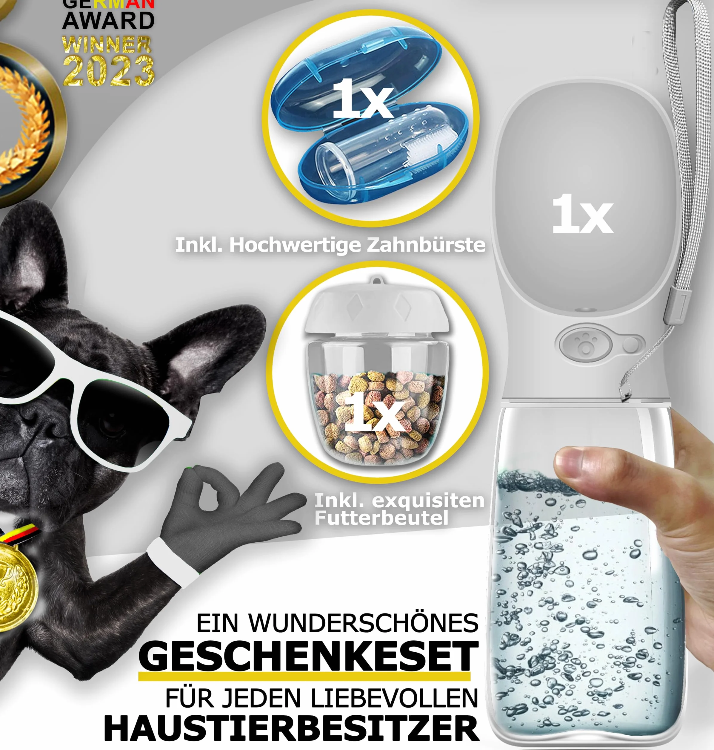 NOWY ZESTAW 3 PREZENTÓW | Innowacyjna butelka do picia dla psów o pojemności 550 ml | W zestawie pojemnik na karmę i szczoteczka do zębów | Butelka premium do picia dla psów