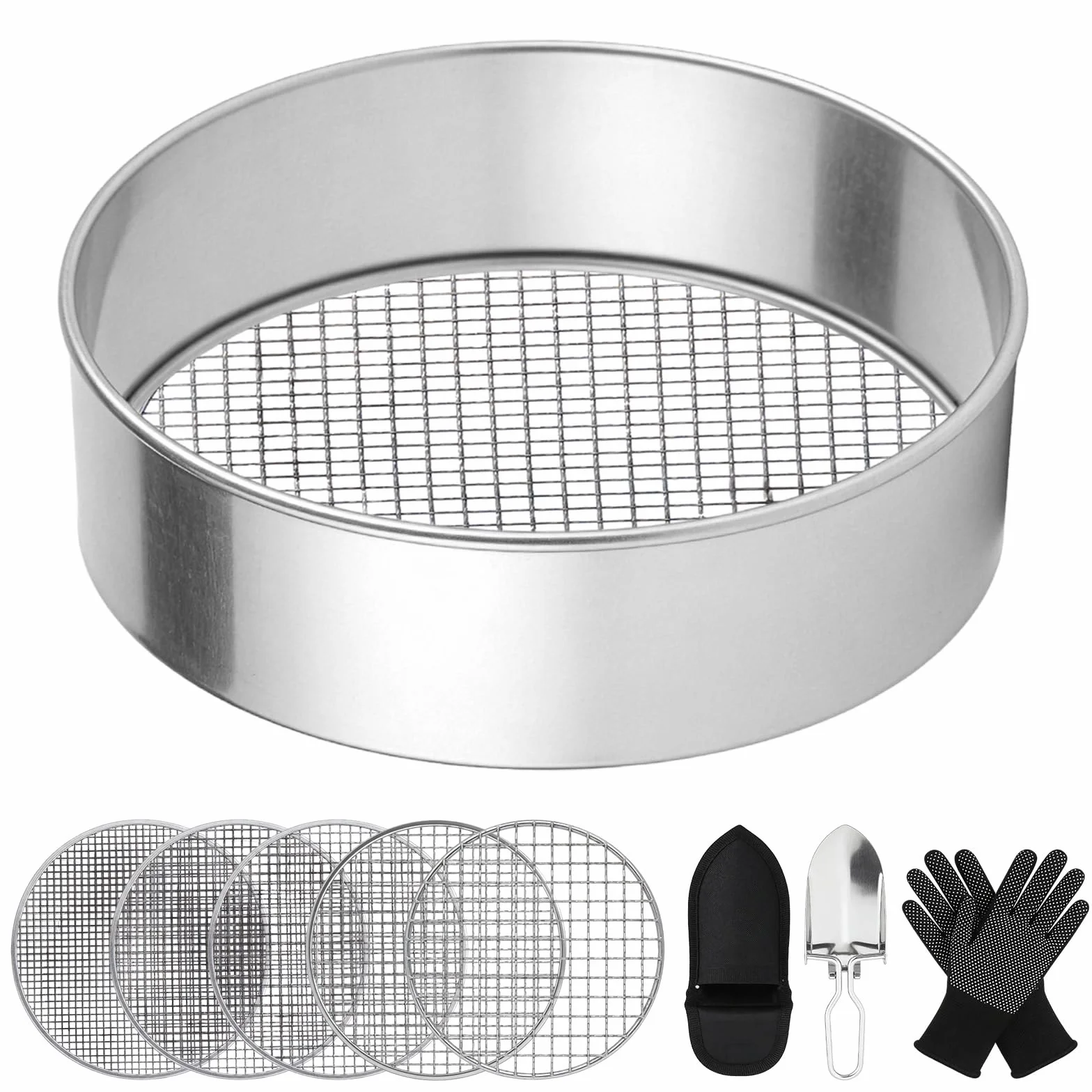 Sito ogrodowe ze stali nierdzewnej, 5 w 1, 20 cm, okrągłe sitko ogrodowe z 5 wymiennymi wkładkami sitkowymi Ø 3/6/9/10/12 mm, sito 5000, metal zabezpieczony przed rdzą, do ziemi, kamieni, kompostu