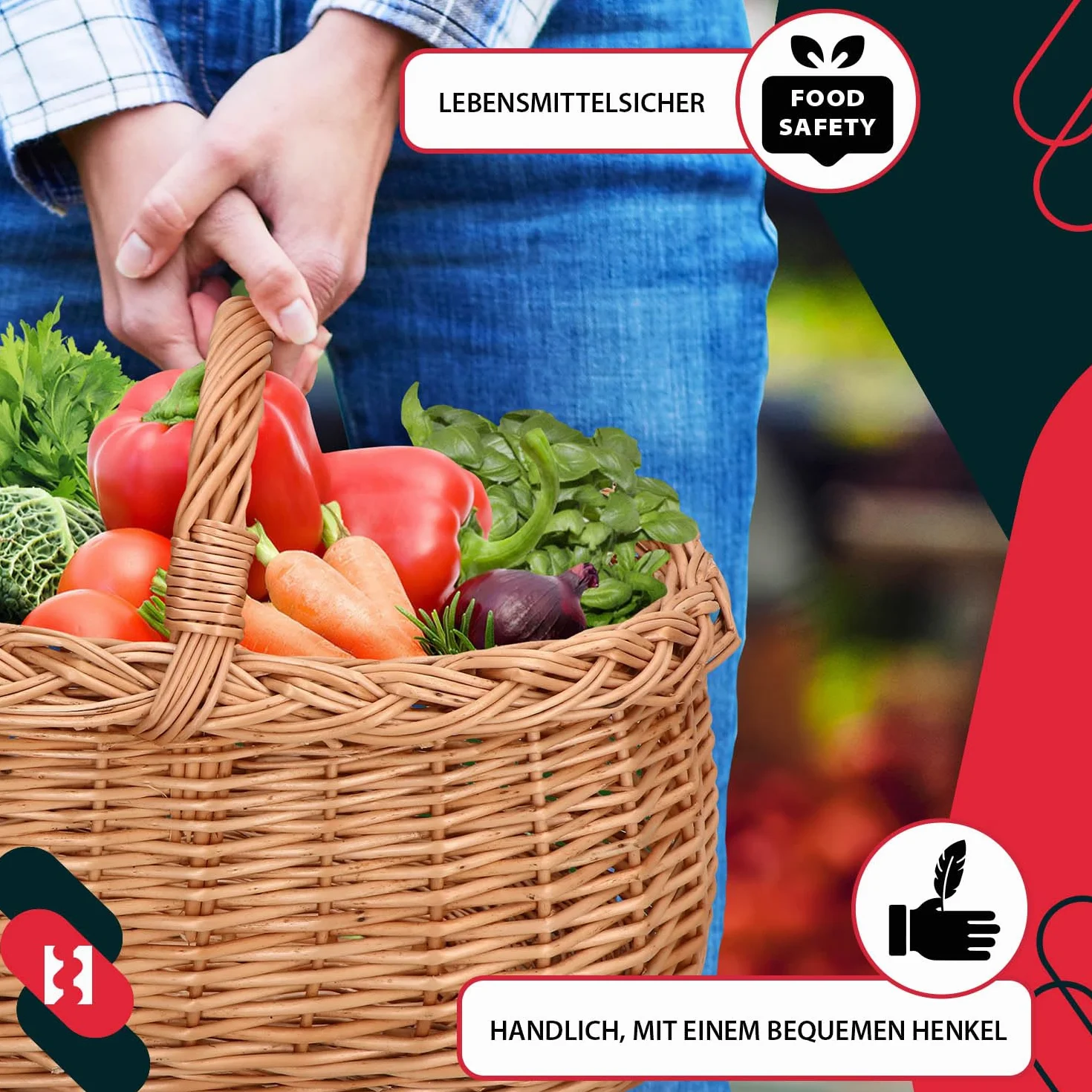 KOTARBAU® Kosz z uchwytami plecionka wiklinowa na zakupy w naturalnym kolorze, pojemny i wygodny