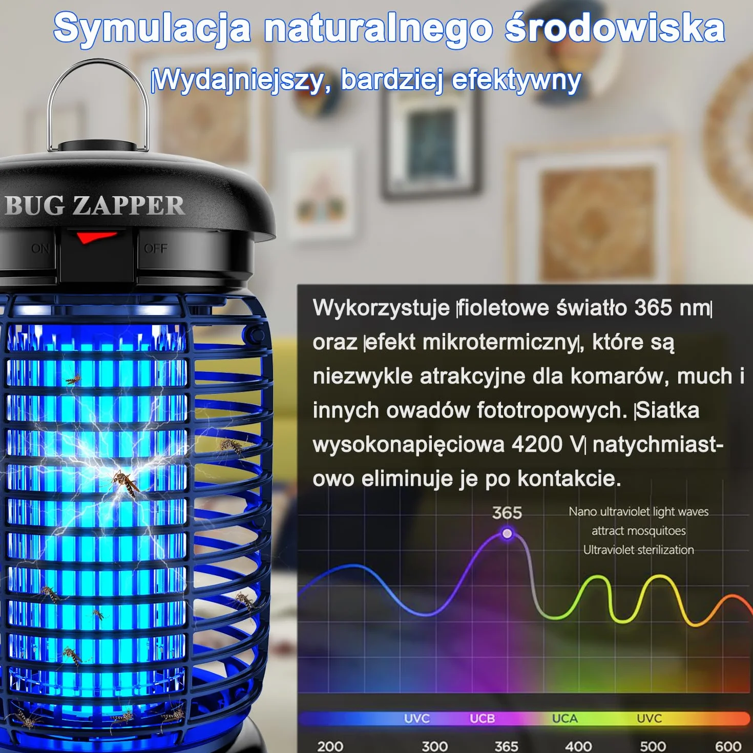 Lampa komarowa 4200V z oświetleniem LED - 3m kabel, Lampa owadobójcza 15W UV Wodoszczelna (IPX4), Elektryczny Zabójca Much, Urządzenie Przeciw Komarom