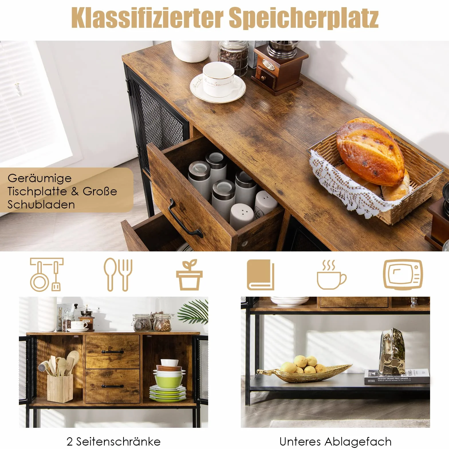 COSTWAY Komoda przemysłowa, stolik konsolowy z 2 szafkami siatkowymi i 2 szufladami, stolik pomocniczy do przechowywania, 100 x 35 x 85 cm