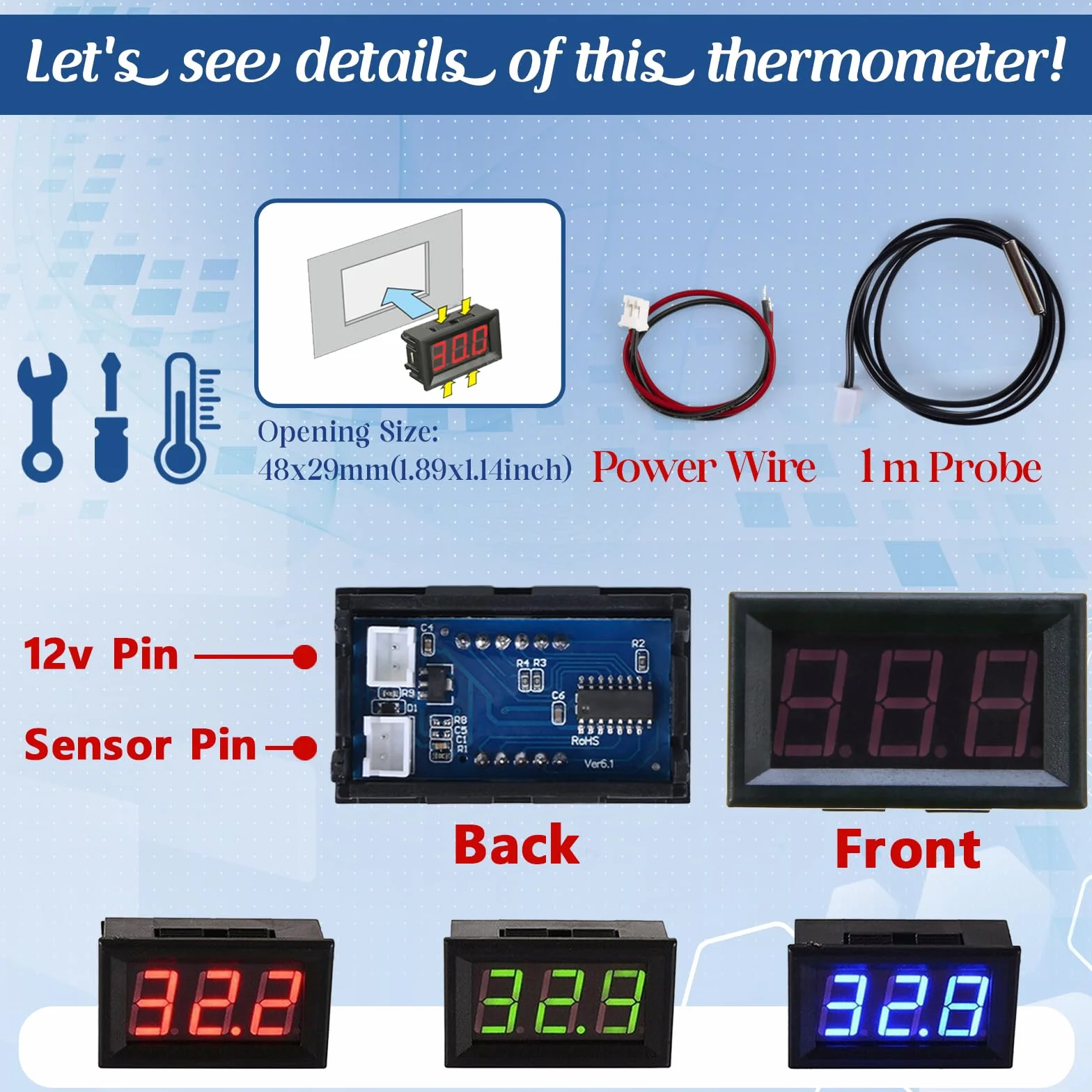 Cyfrowy Termometr z Sondą Miernik Temperatury Wody 12V Elektroniczny Termometr do Lodówki Akwariowej(Niebieski)