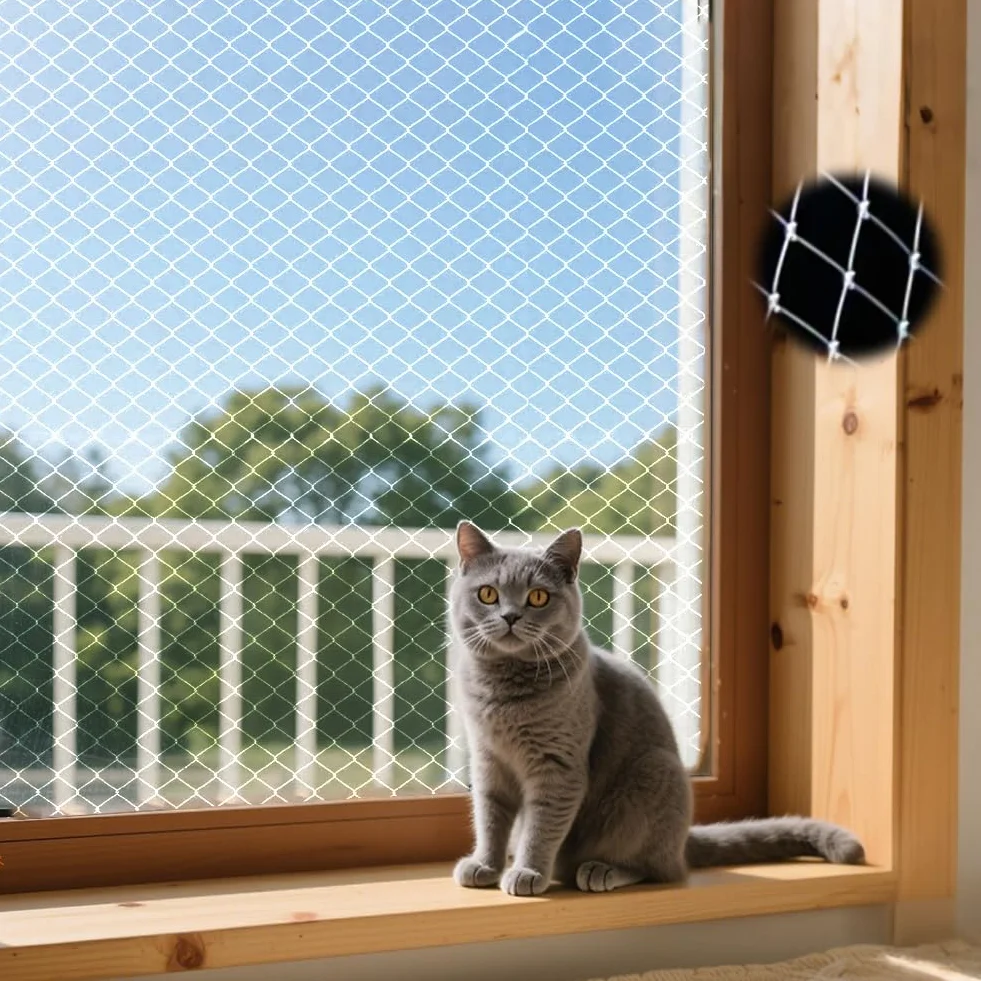 Siatka dla kota na balkon i okna, przezroczysta, 4 x 3 m, bardzo wytrzymała nylonowa siatka ochronna dla kotów, bez wiercenia, ochrona okien uchylnych, odporna na rozerwanie, siatka balkonowa dla