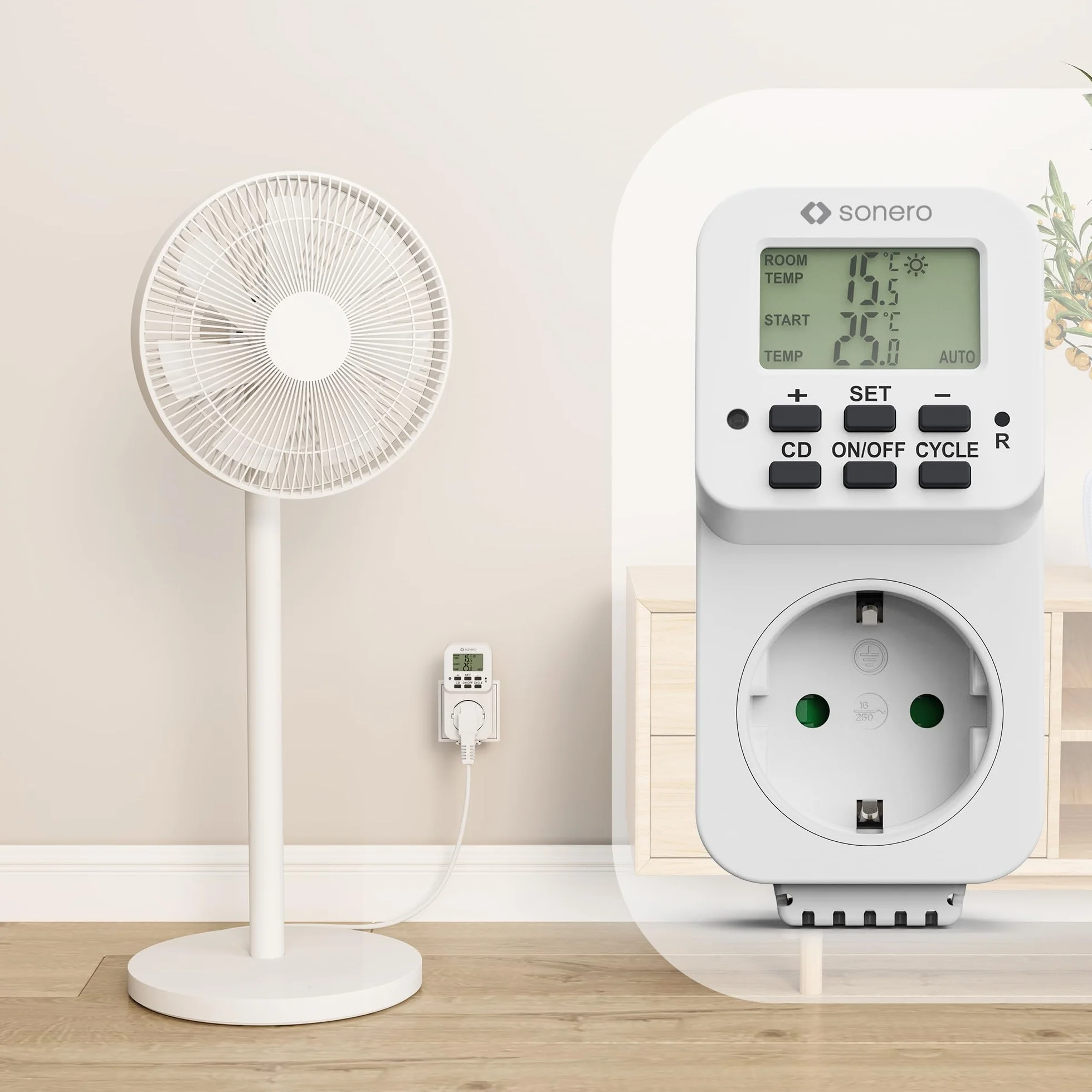 Sonero Cyfrowy termostat gniazdko, regulator temperatury, ogrzewanie, chłodzenie, sterowany czasowo z wewnętrznym czujnikiem, do terrarium, szklarni, pieca wędzarniczego, jako czujnik mrozu, 3600 W,